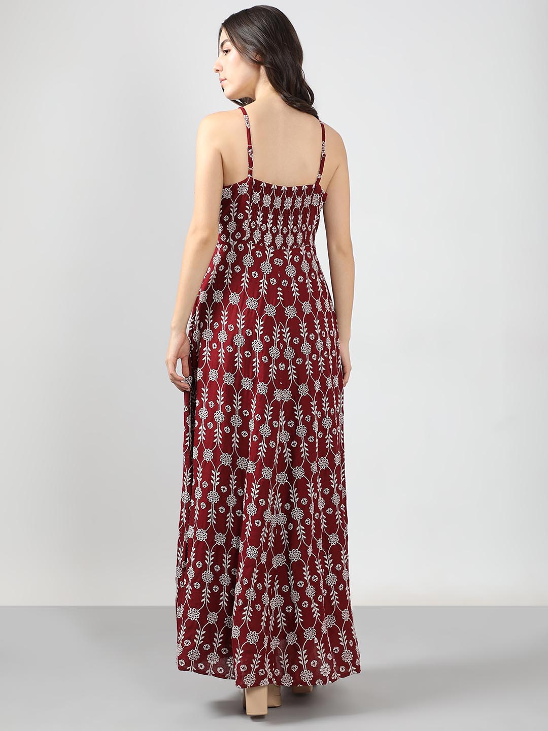 Vero Moda Maroon Embroidered Maxi Dress