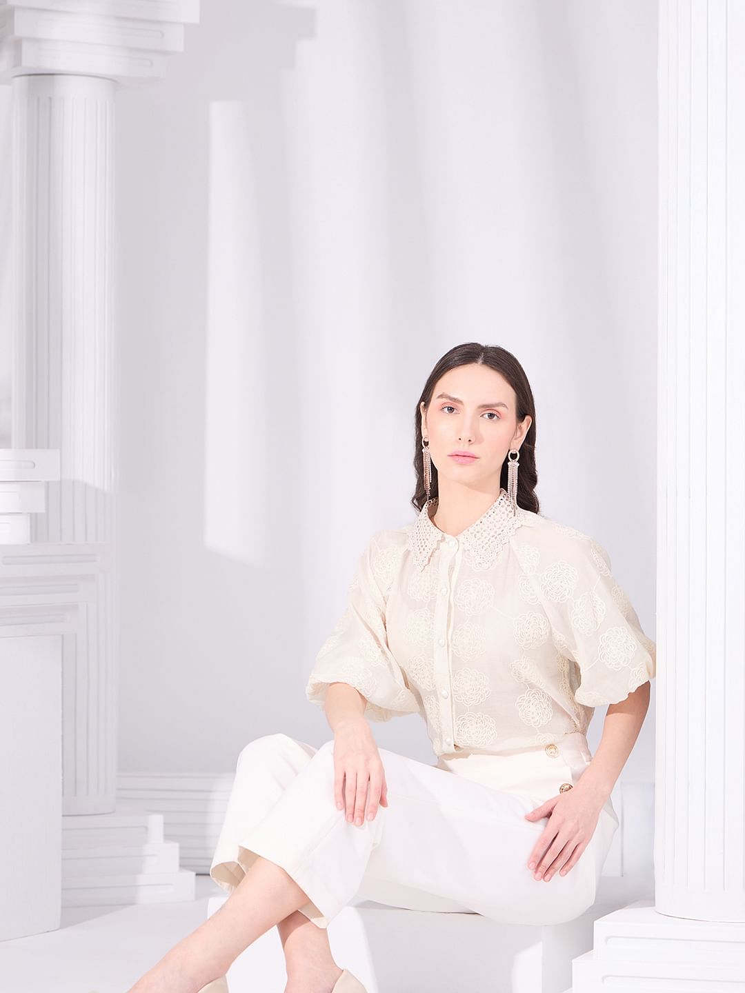 White Embroidered Puff Sleeves Shirt