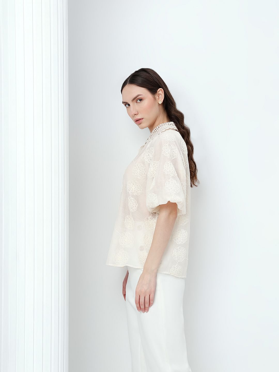 White Embroidered Puff Sleeves Shirt