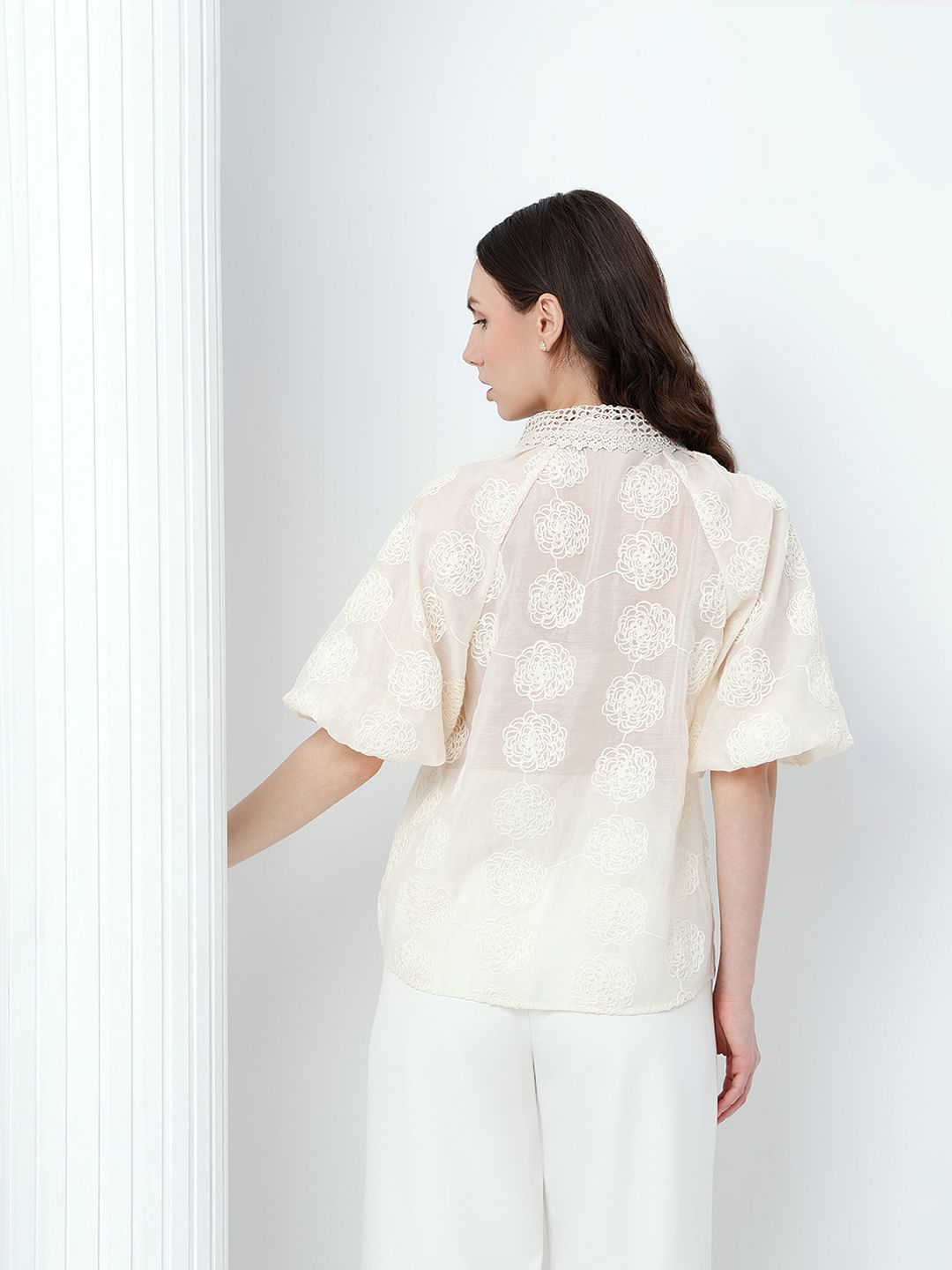 White Embroidered Puff Sleeves Shirt