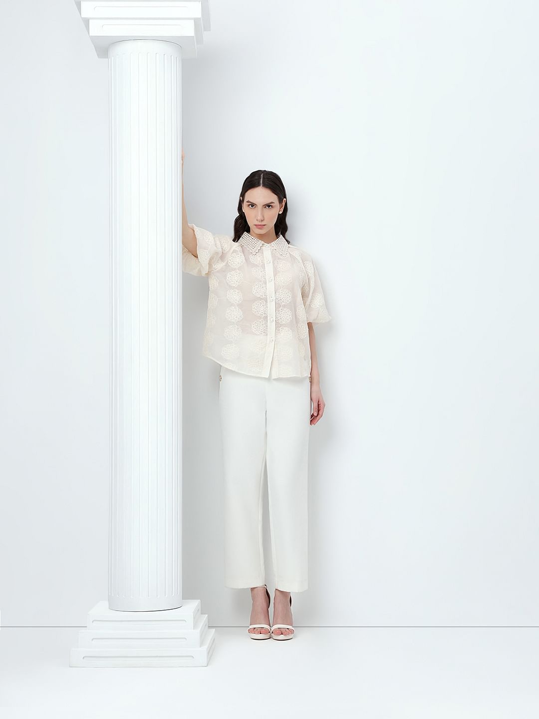 White Embroidered Puff Sleeves Shirt