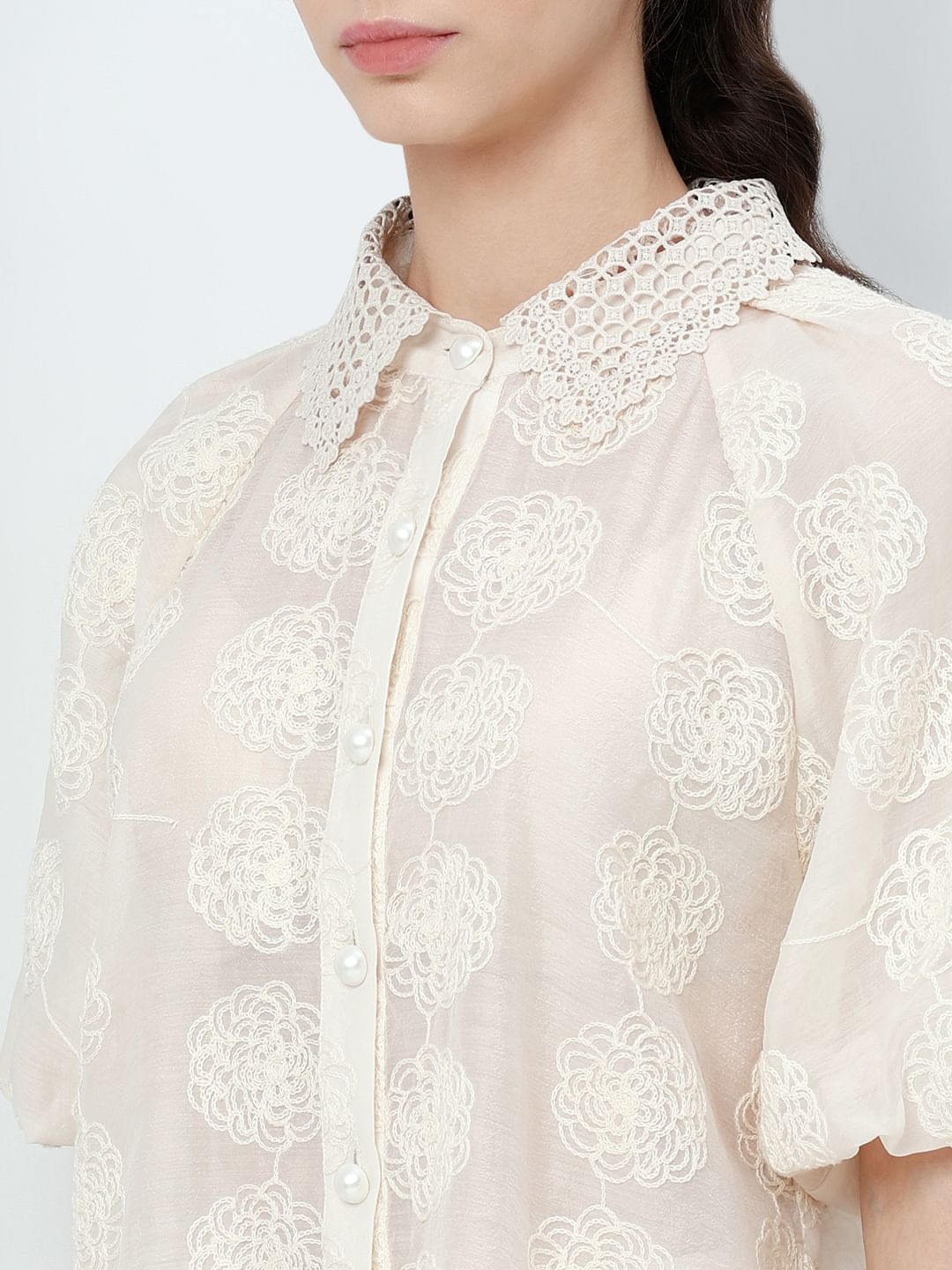 White Embroidered Puff Sleeves Shirt