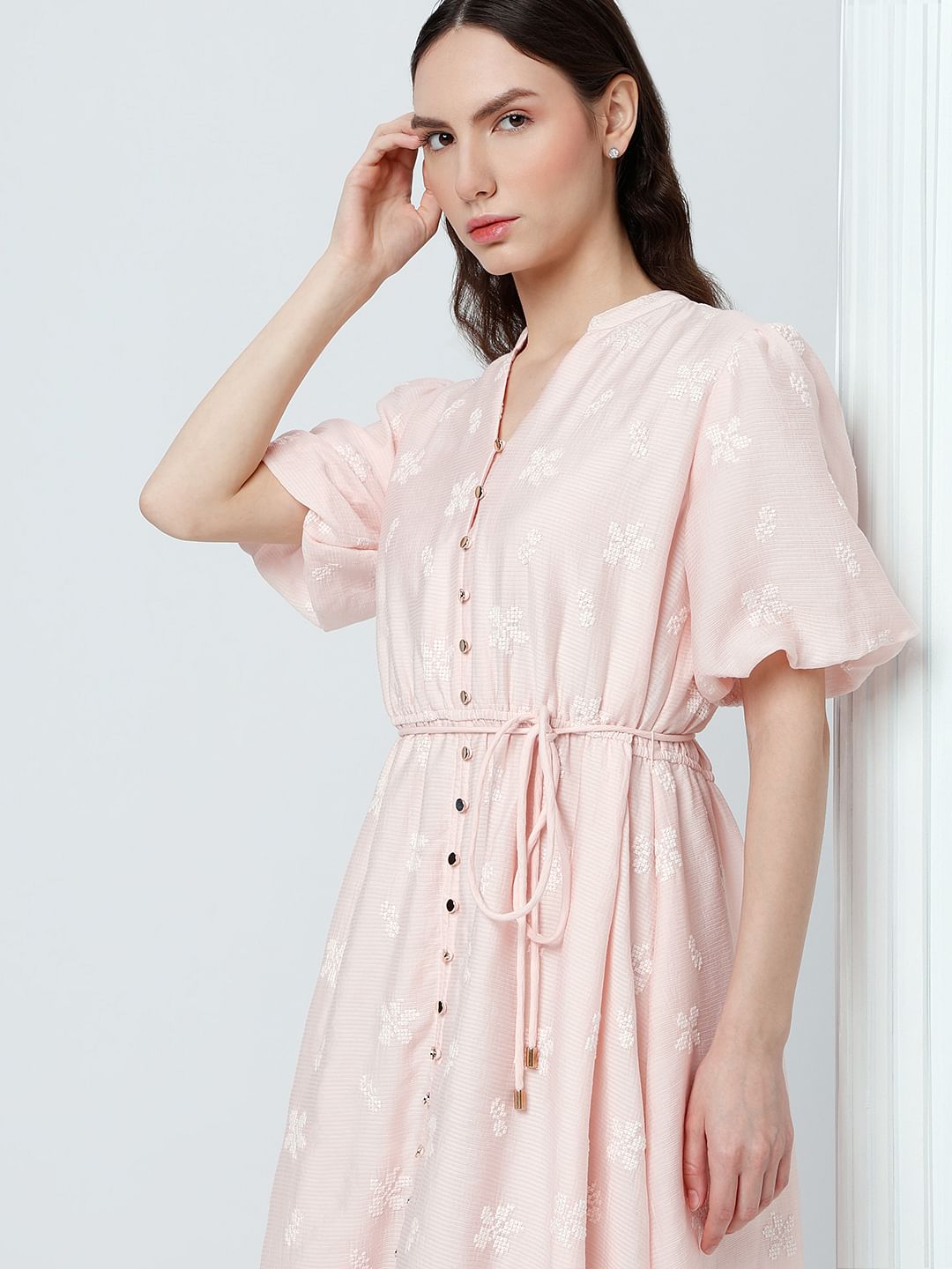 Light Pink Embroidered Midi Dress