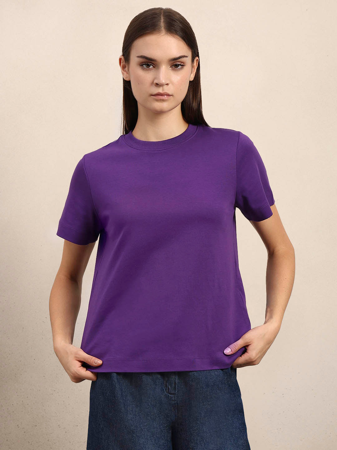 Crew Neck Cotton T-Shirt - Purple