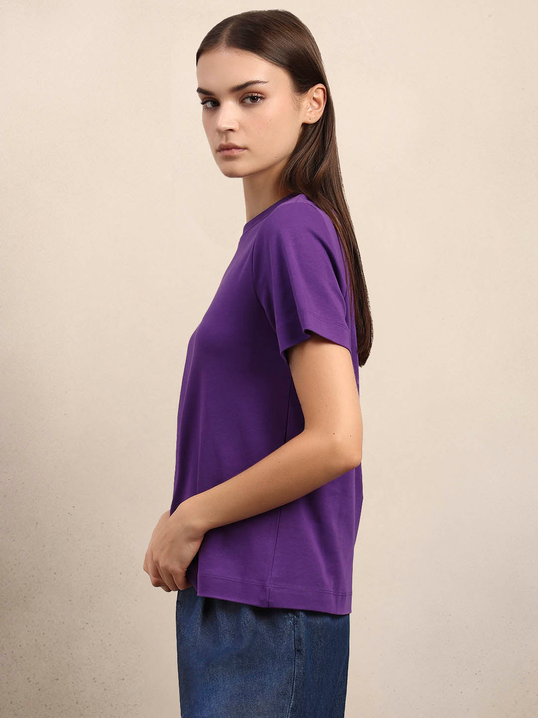 Crew Neck Cotton T-Shirt - Purple
