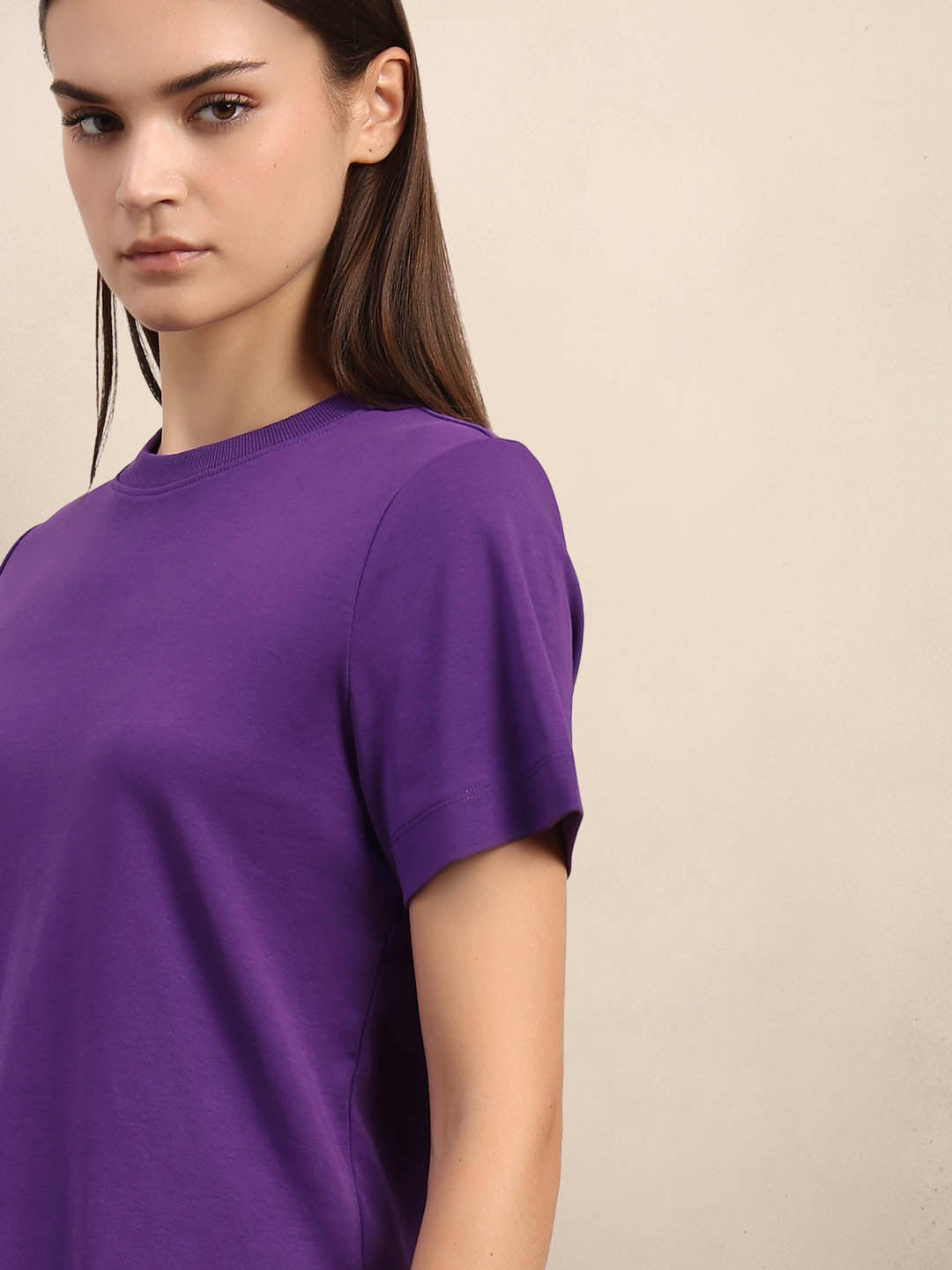 Crew Neck Cotton T-Shirt - Purple