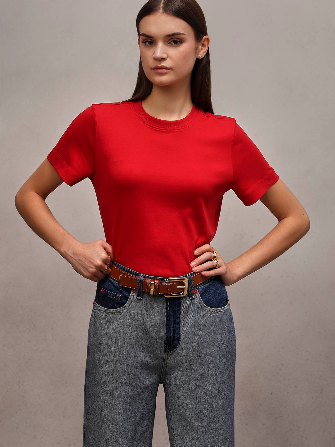 Crew Neck Cotton T-Shirt - Red - S