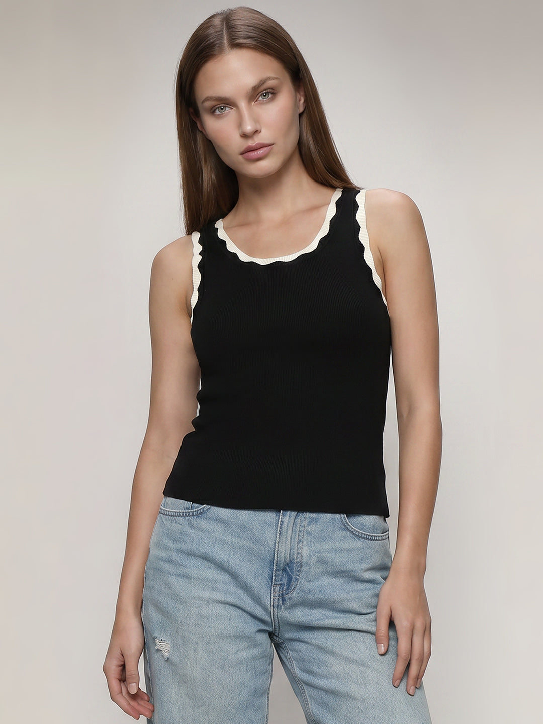 Black Contrast Neck Top