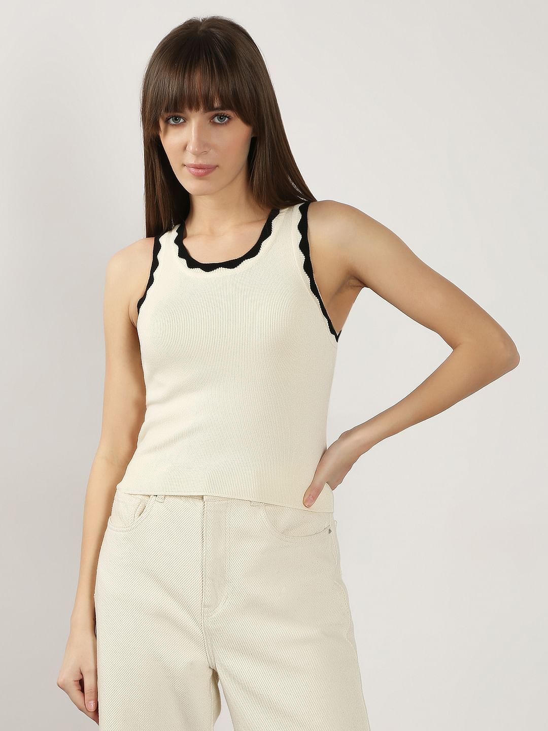 White Contrast Neck Top