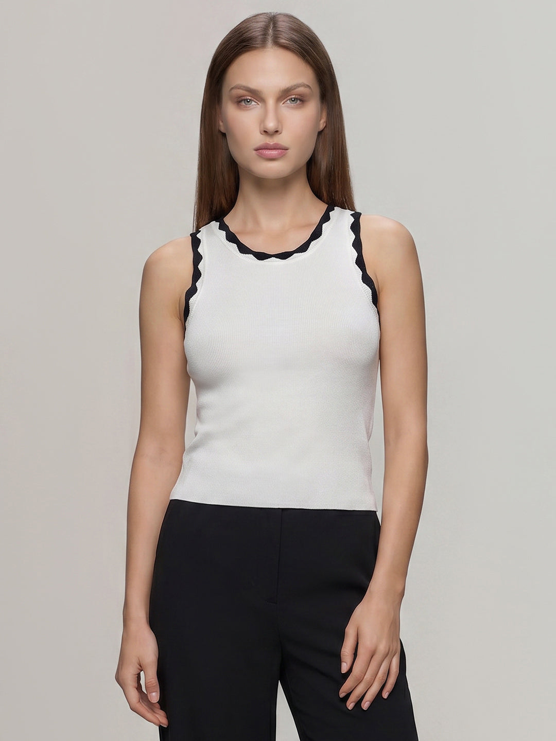 White Contrast Neck Top