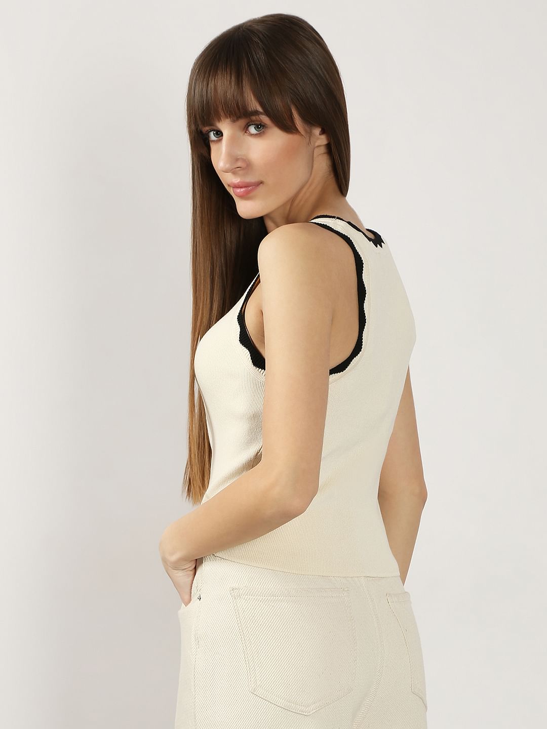 White Contrast Neck Top