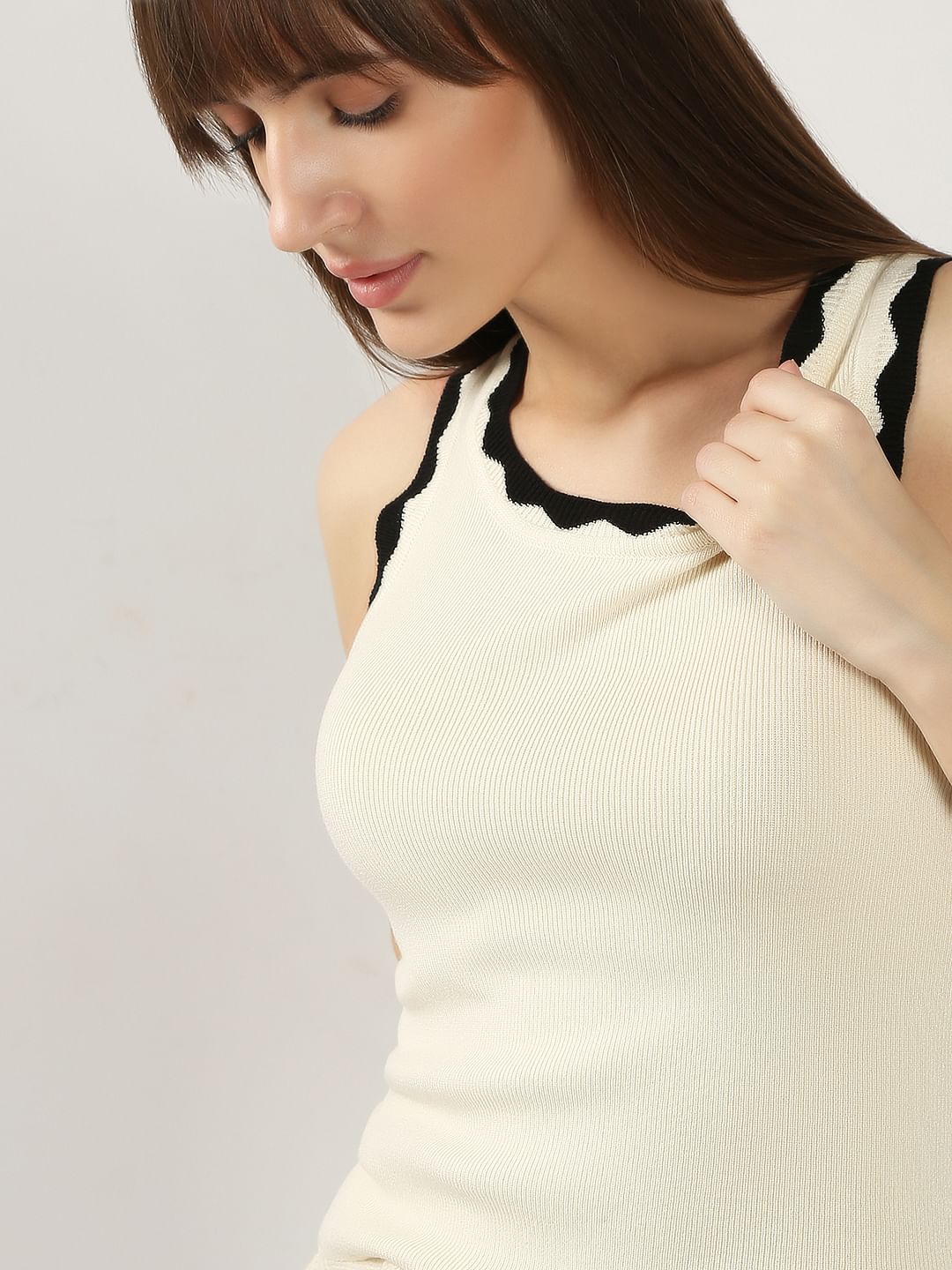 White Contrast Neck Top
