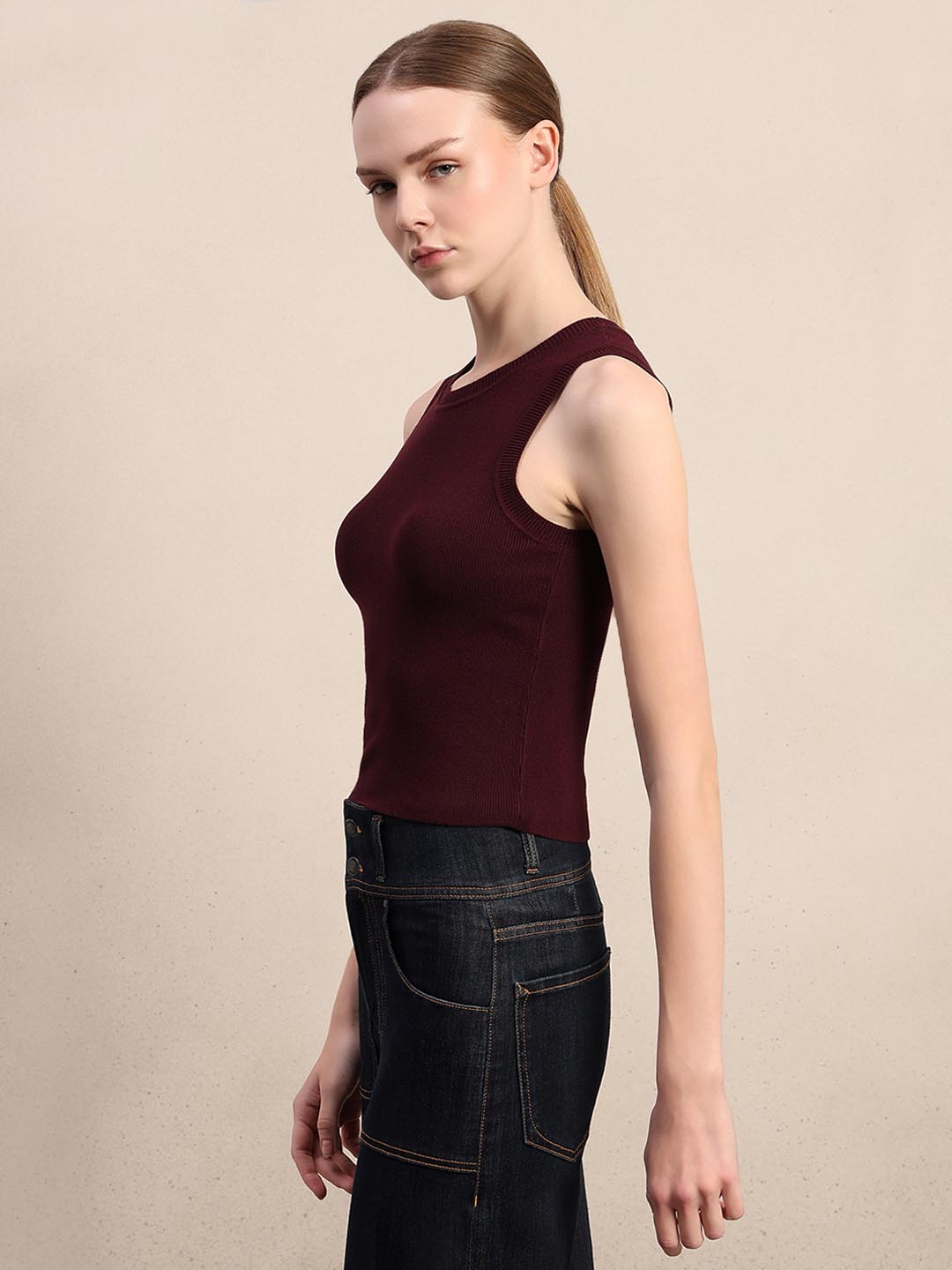 Maroon Round Neck Knitted Top