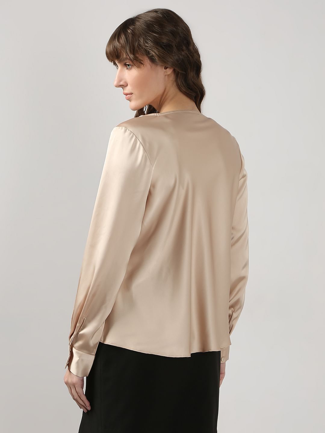Beige Cowl Neck Satin Top