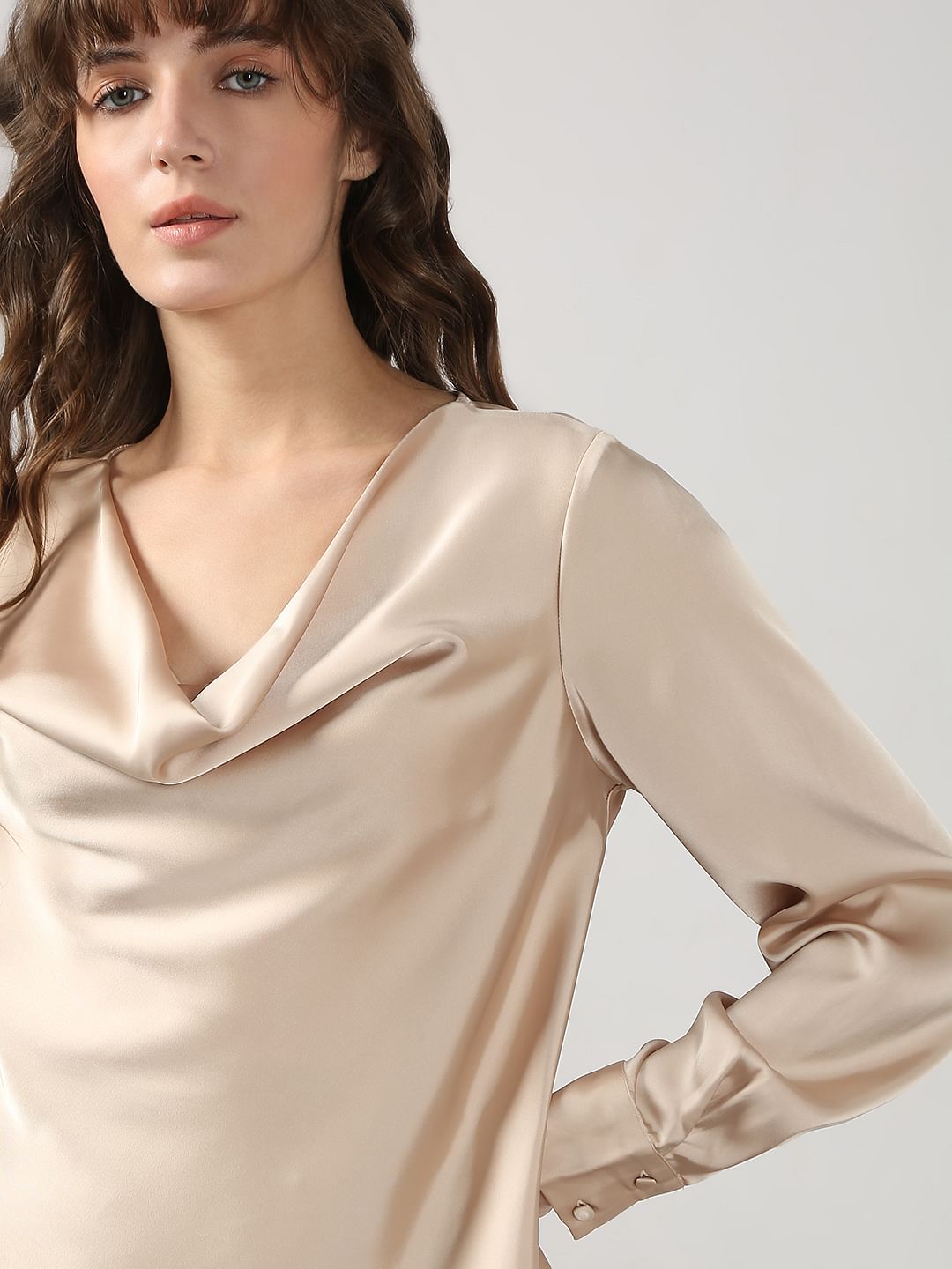 Beige Cowl Neck Satin Top