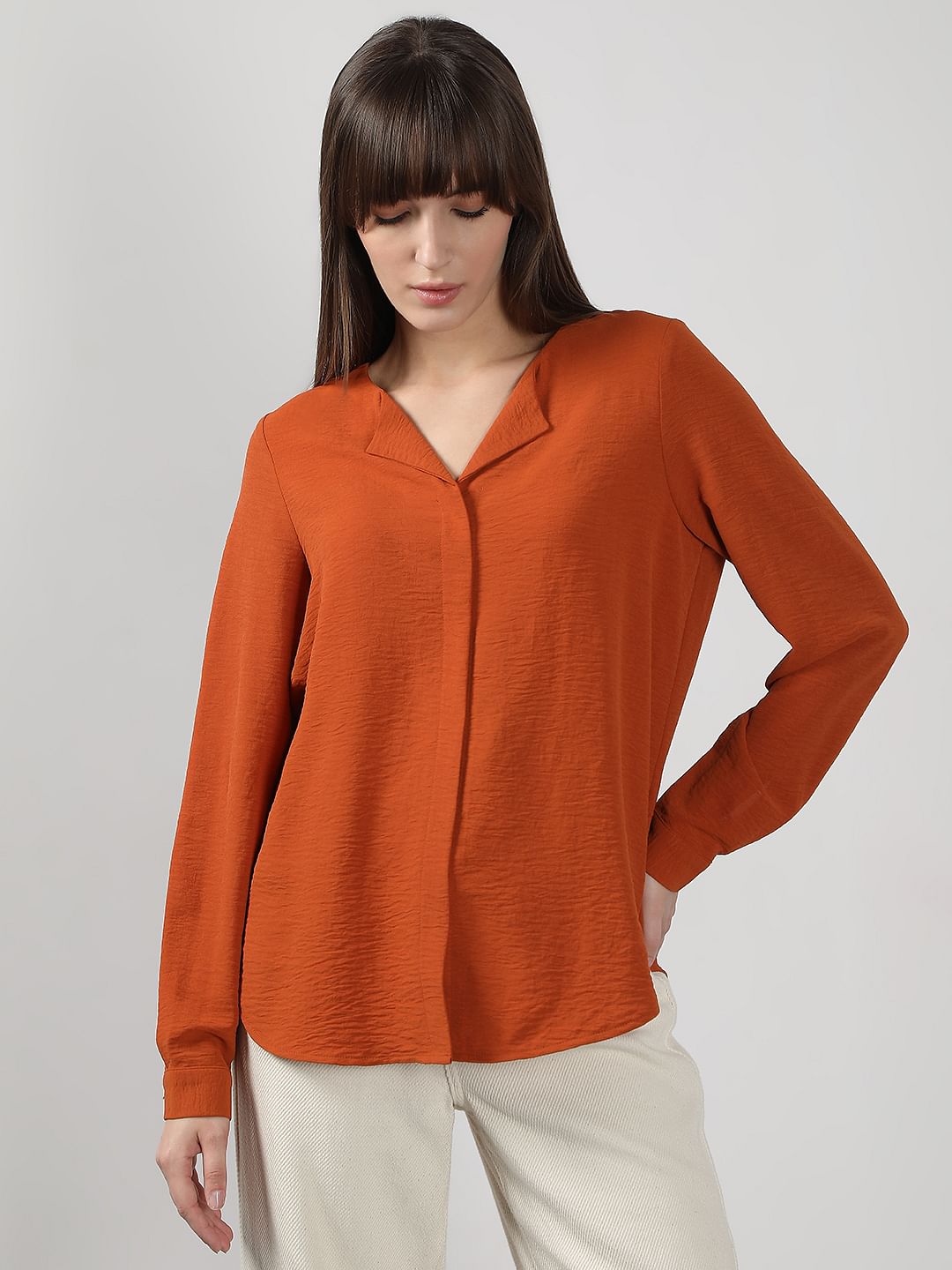 Rust Orange Red V Neck Shirt