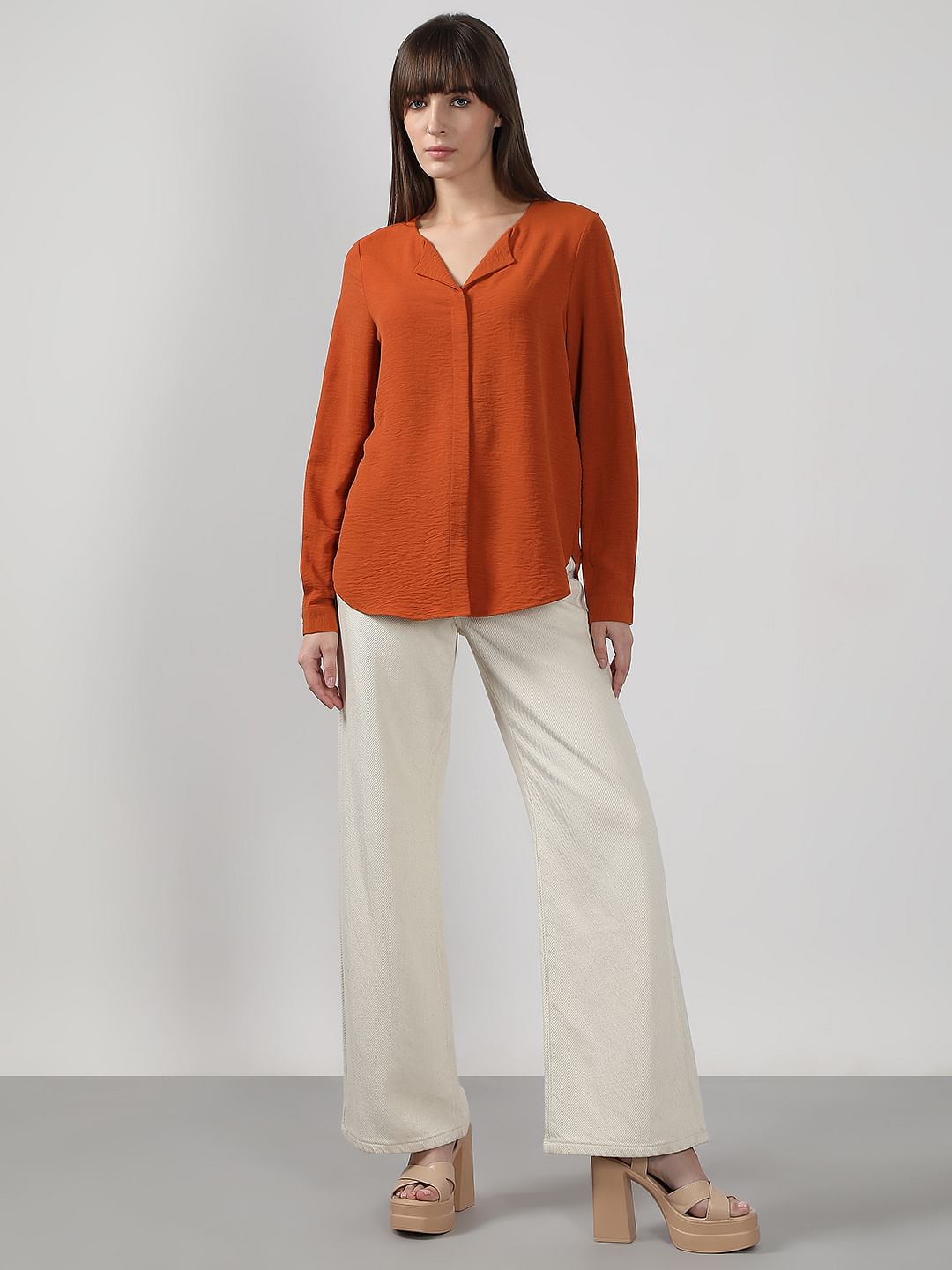 Rust Orange Red V Neck Shirt