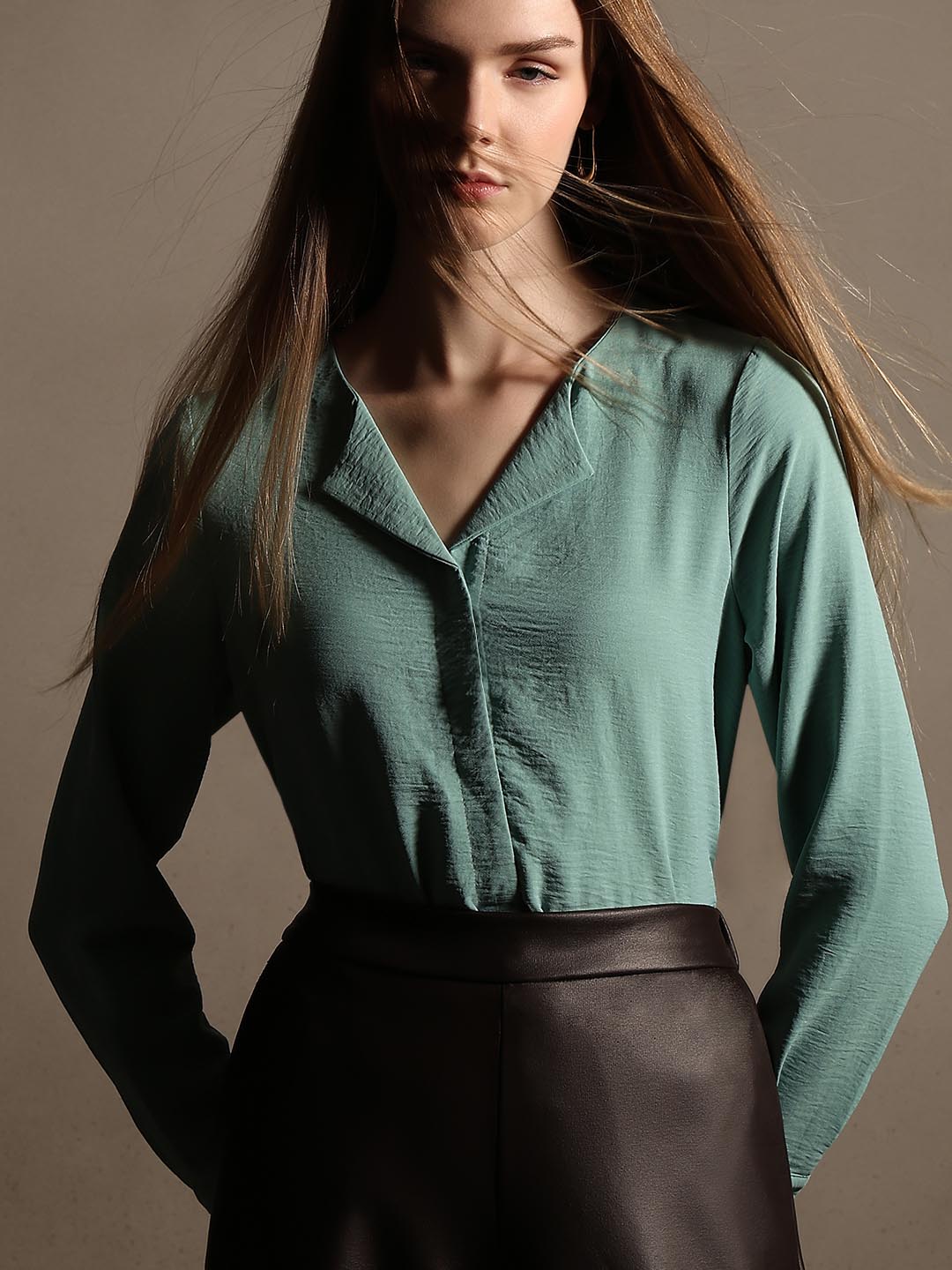 Blue Notched Lapel Collar Top