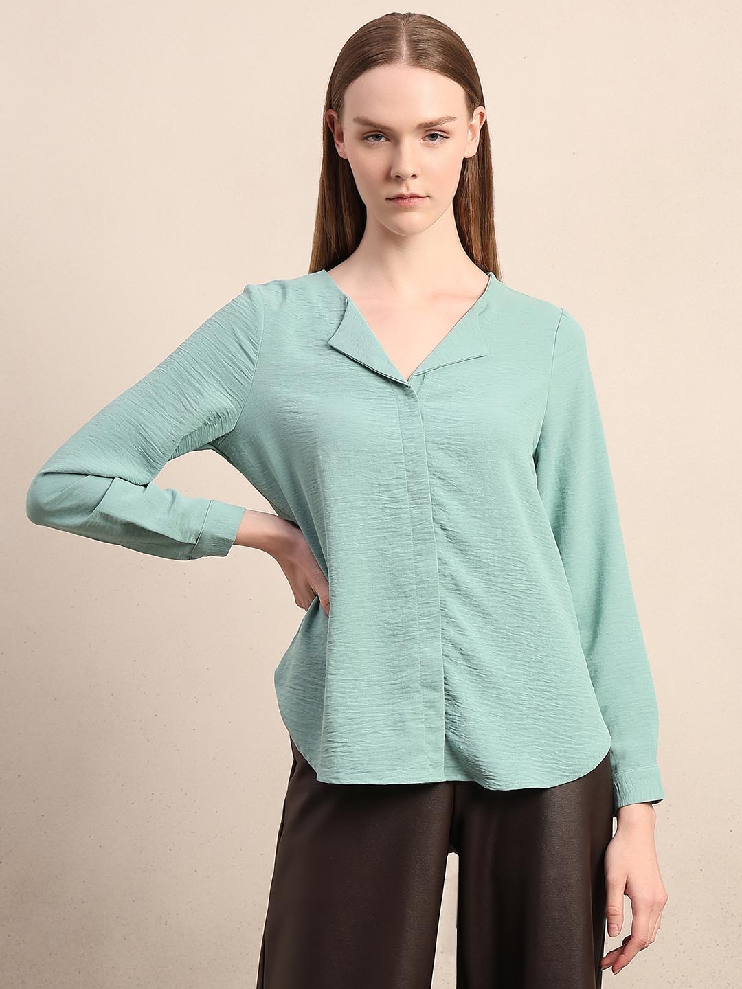 Blue Notched Lapel Collar Top
