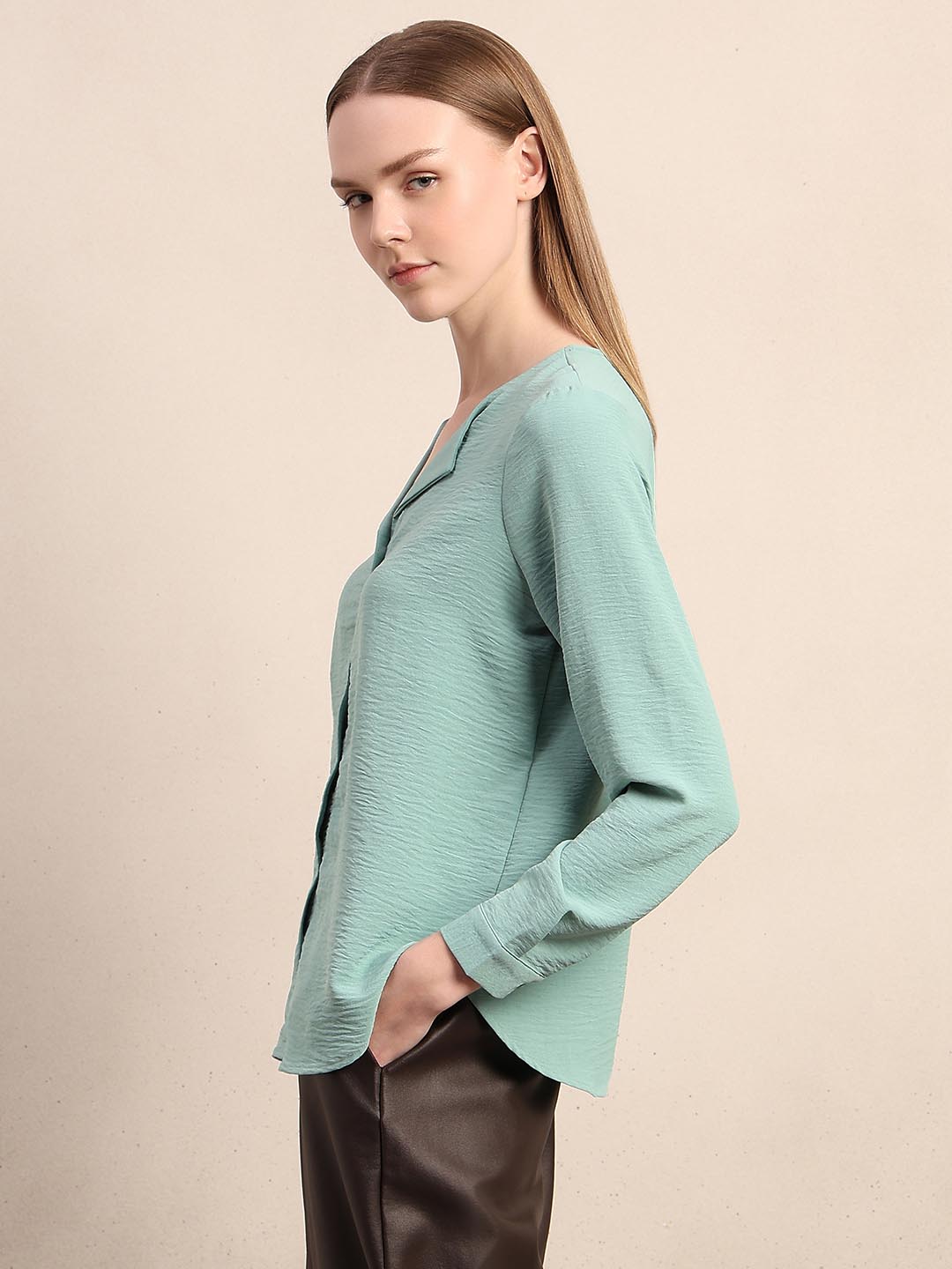 Blue Notched Lapel Collar Top