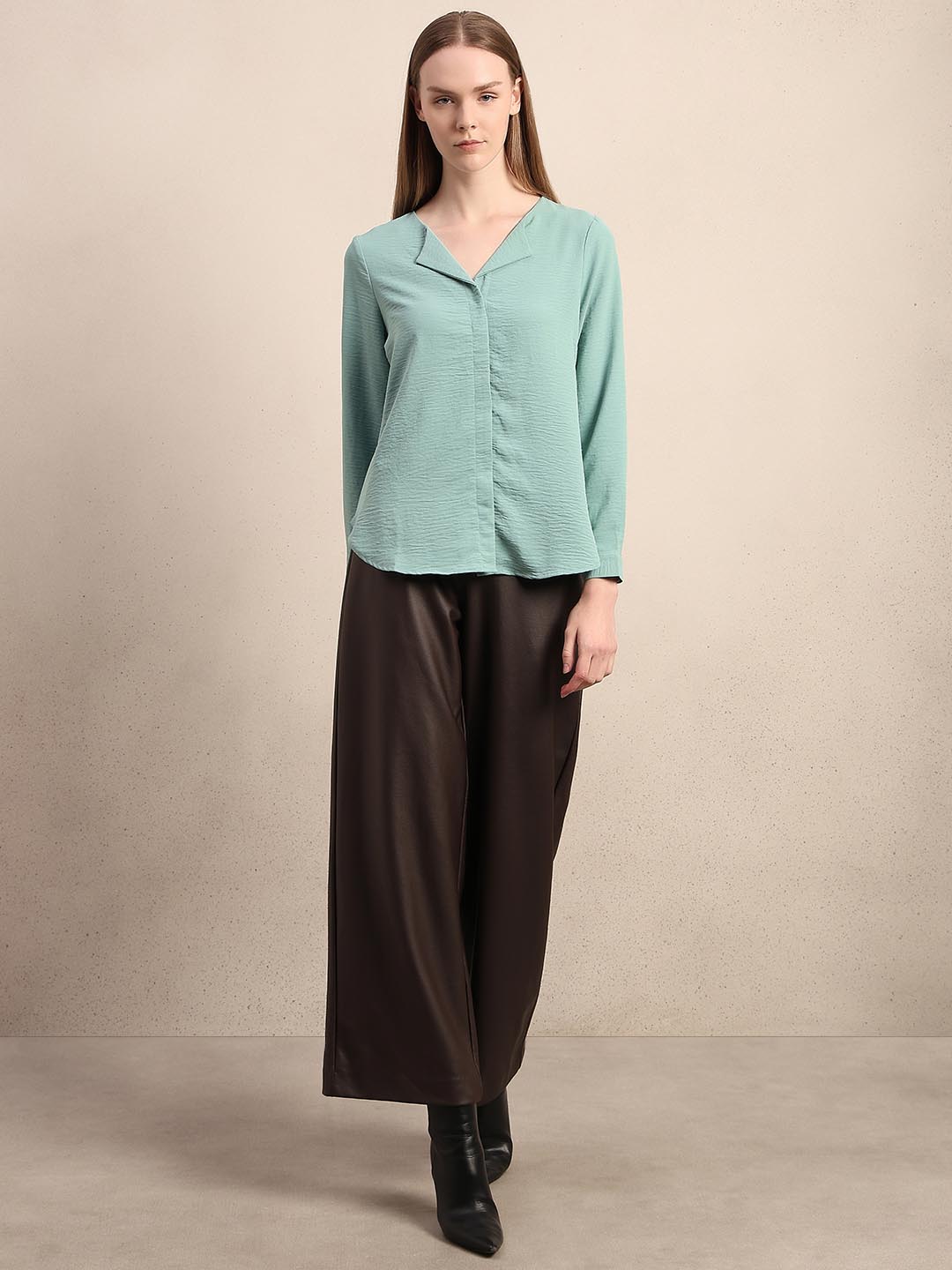 Blue Notched Lapel Collar Top