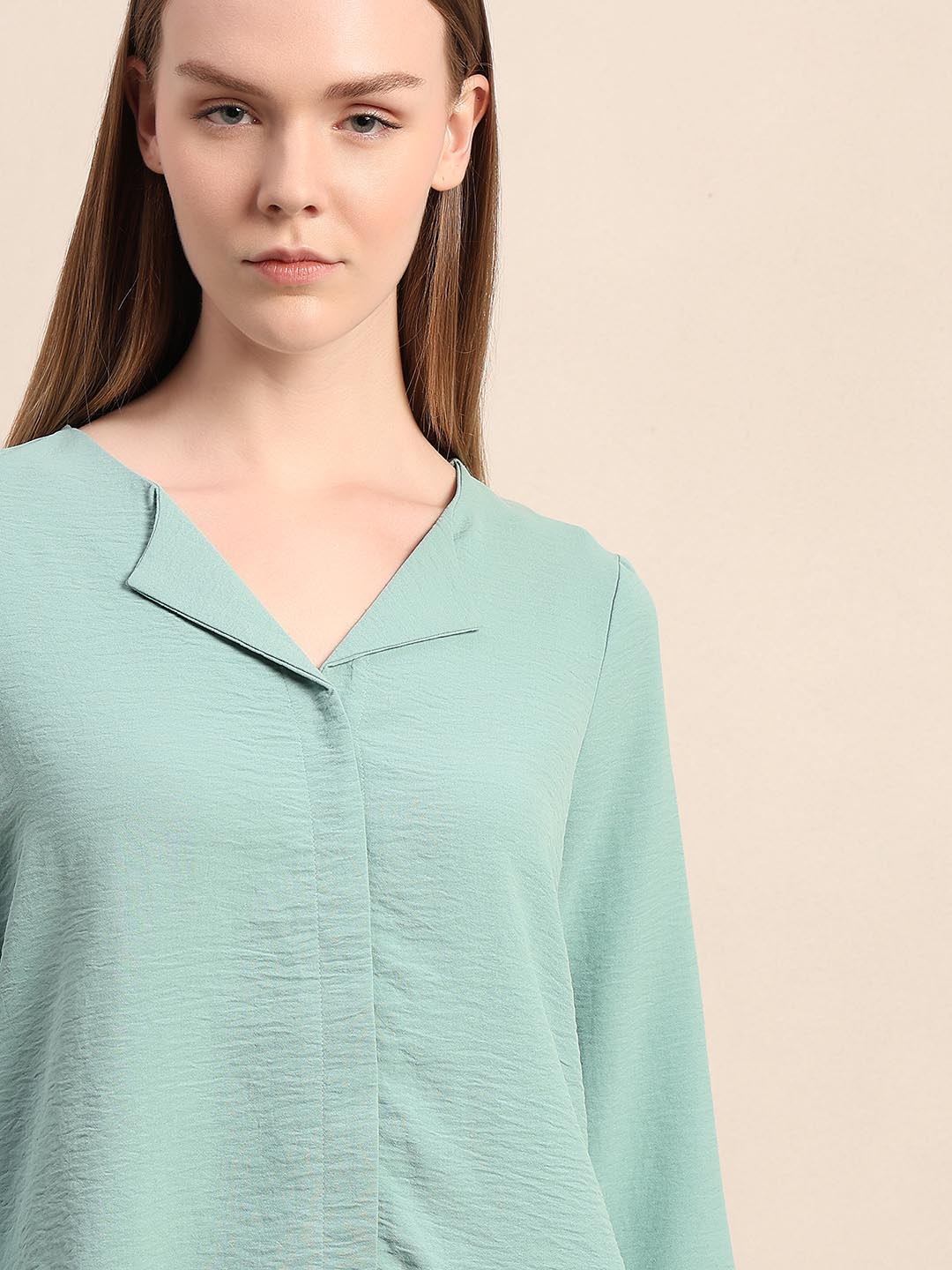 Blue Notched Lapel Collar Top