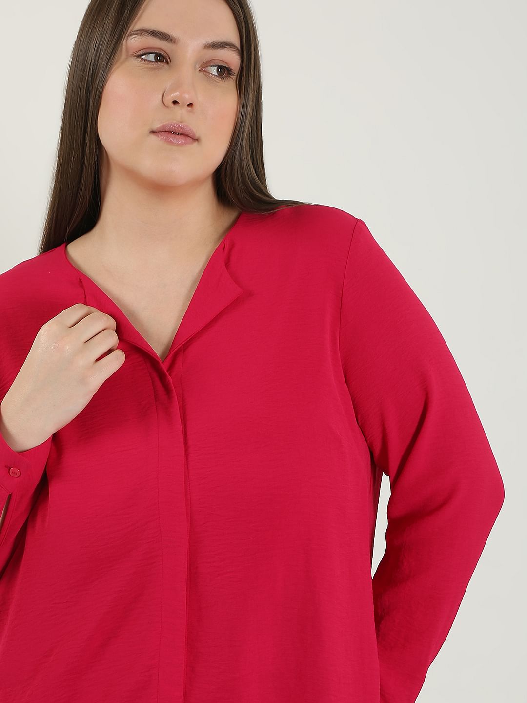 Curve Dark Pink V Neck Shirt