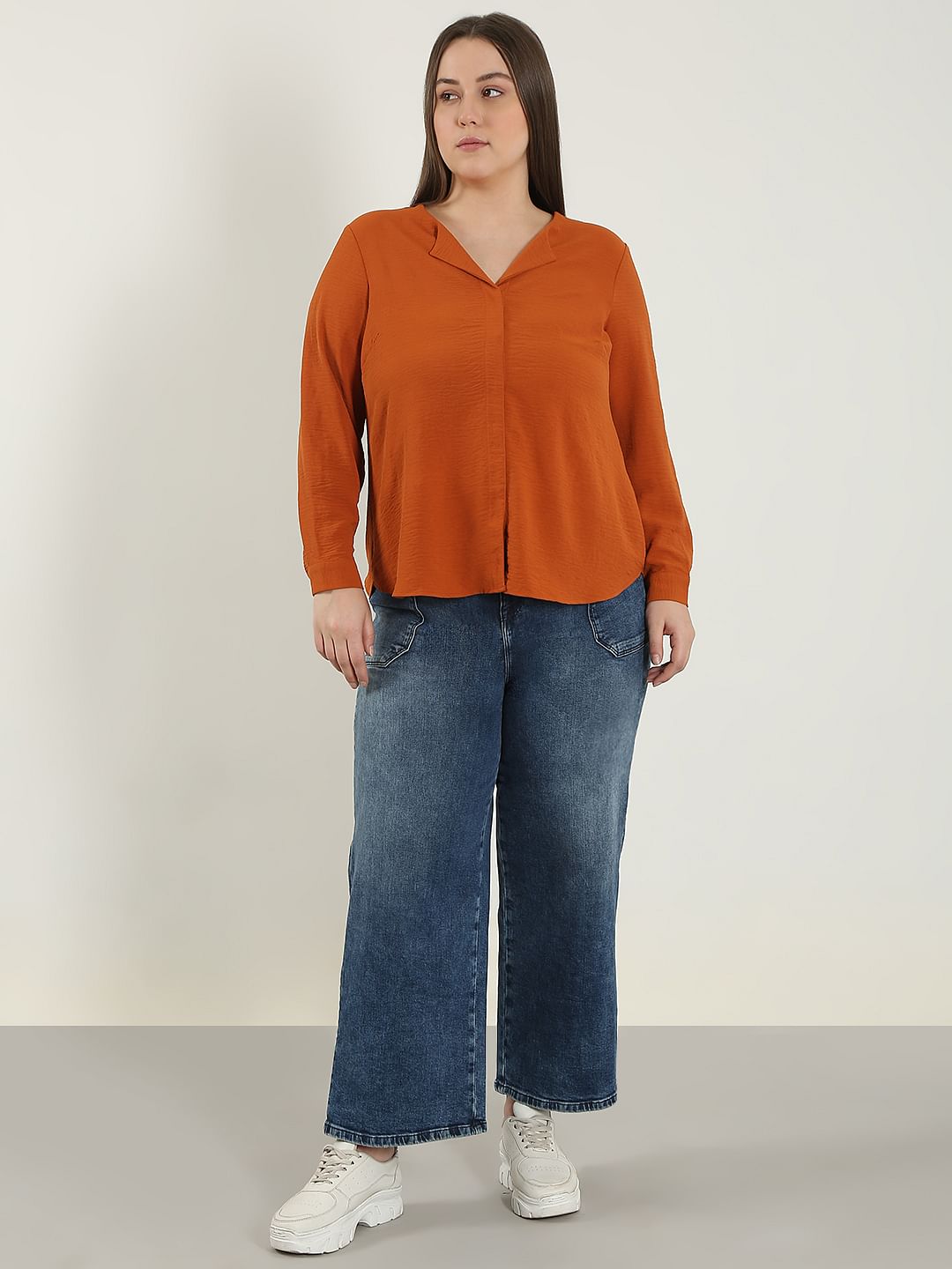 Curve Orange V Neck Shirt