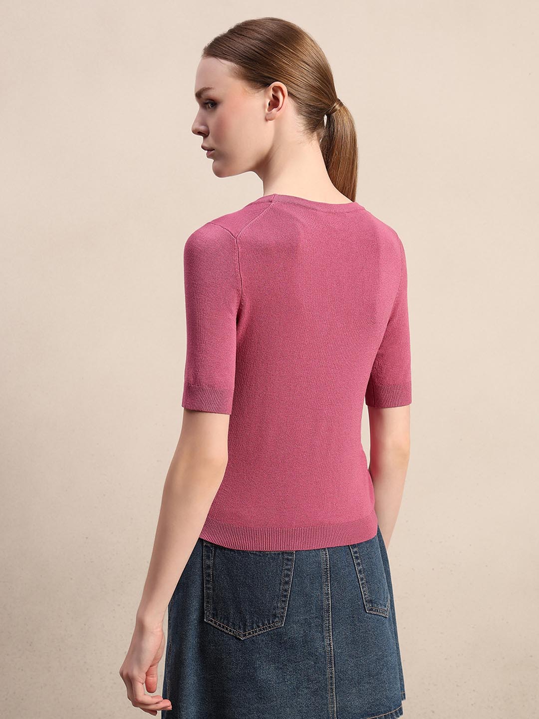 Pink Knitted Short Sleeves Top