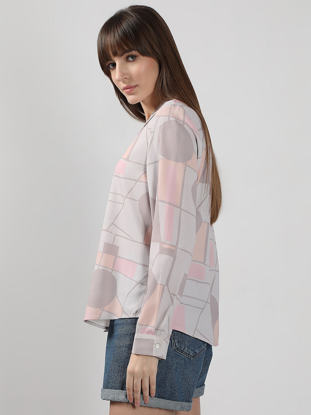 Grey Printed V Neck Top