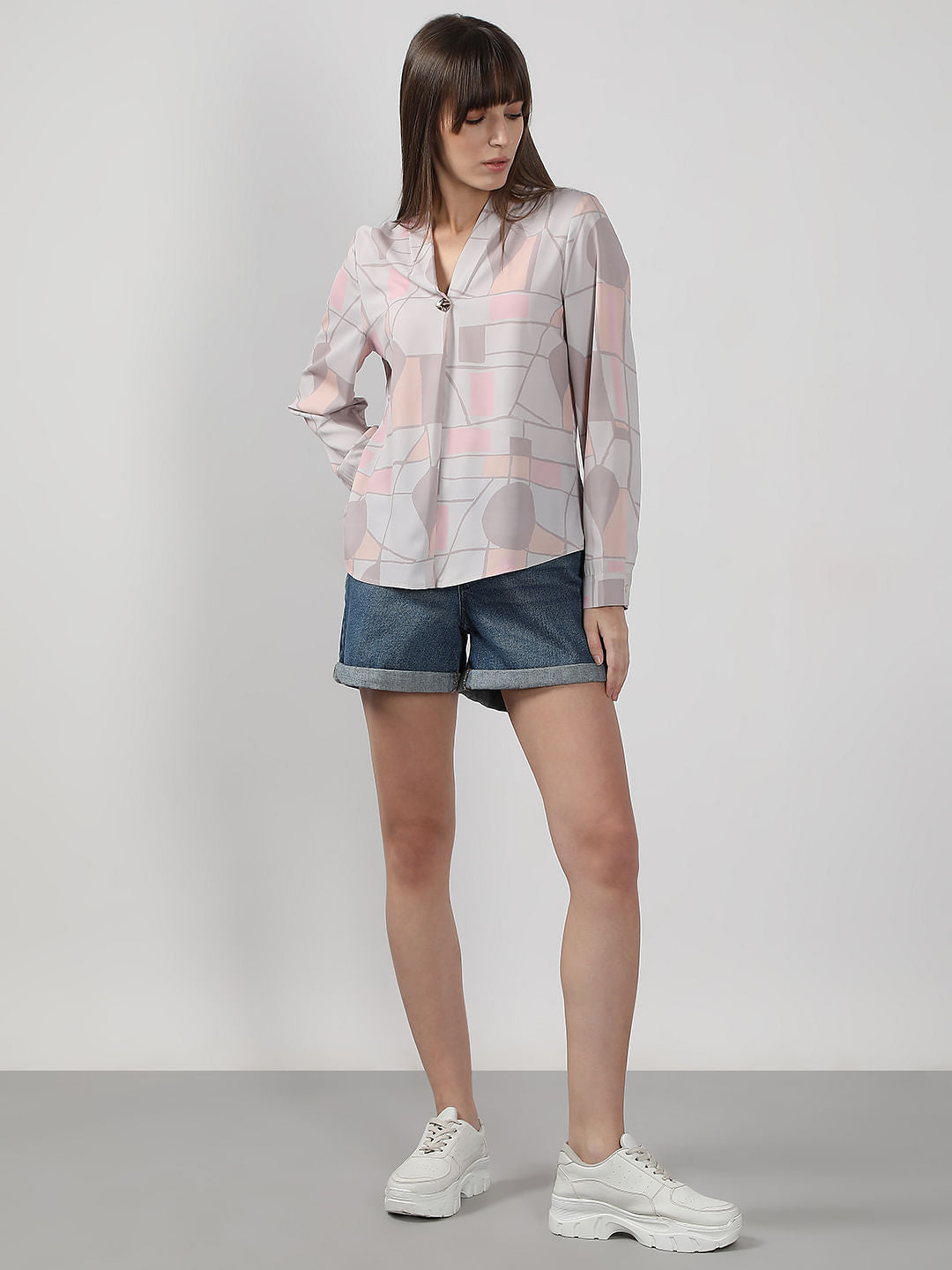 Grey Printed V Neck Top