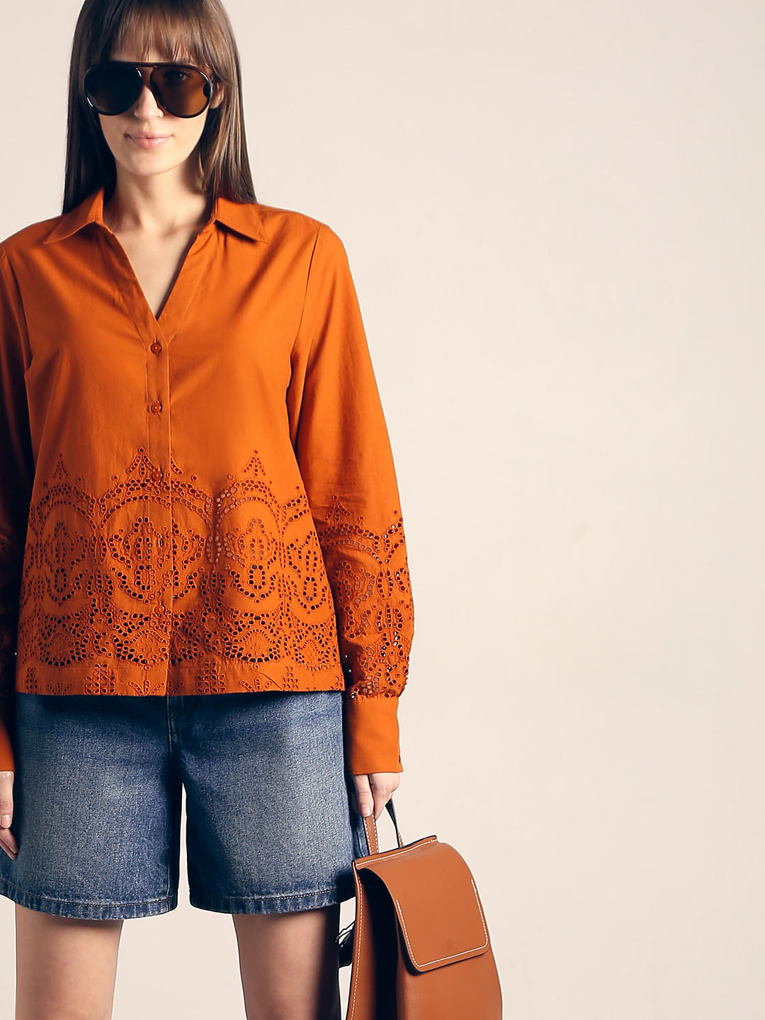 Rust Red Schiffli Cotton Shirt