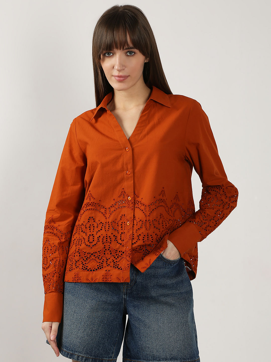 Rust Red Schiffli Cotton Shirt