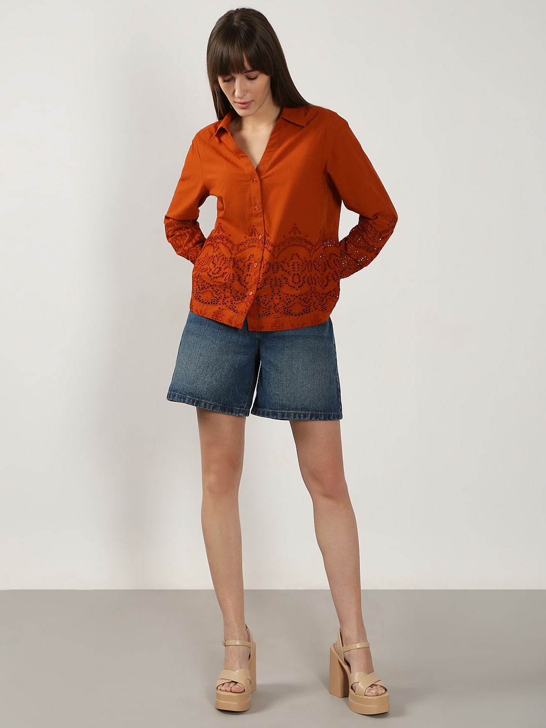 Rust Red Schiffli Cotton Shirt