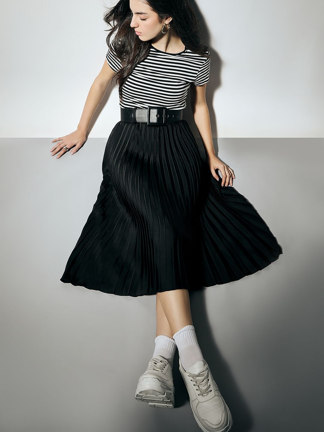 Black High Rise Pleated Midi Skirt
