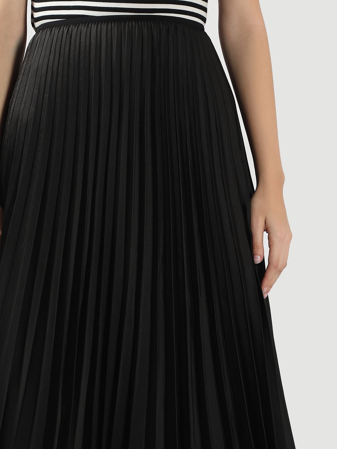 Black High Rise Pleated Midi Skirt