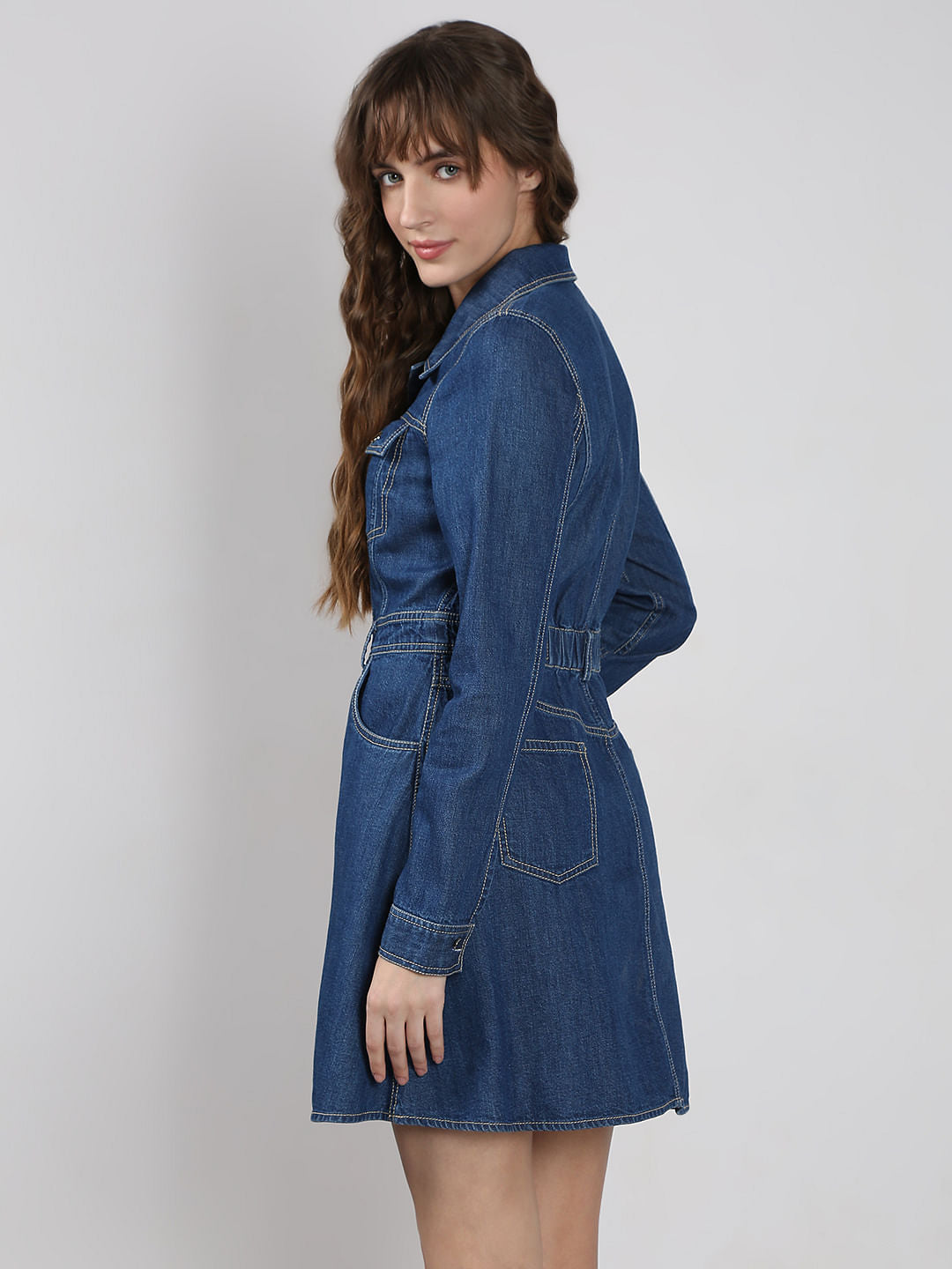 Blue Cotton Fit & Flare Denim Dress