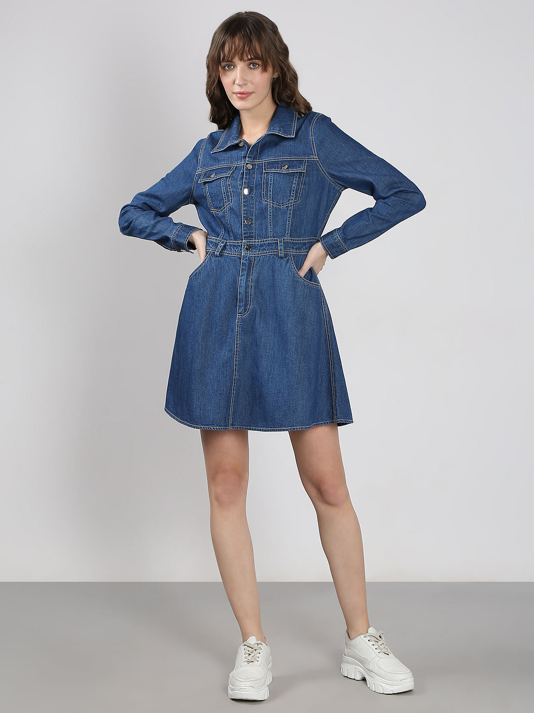 Blue Cotton Fit & Flare Denim Dress