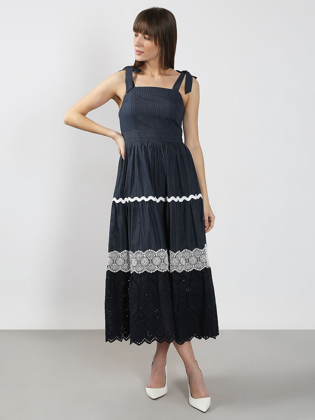 Navy Blue Striped Midaxi Dress