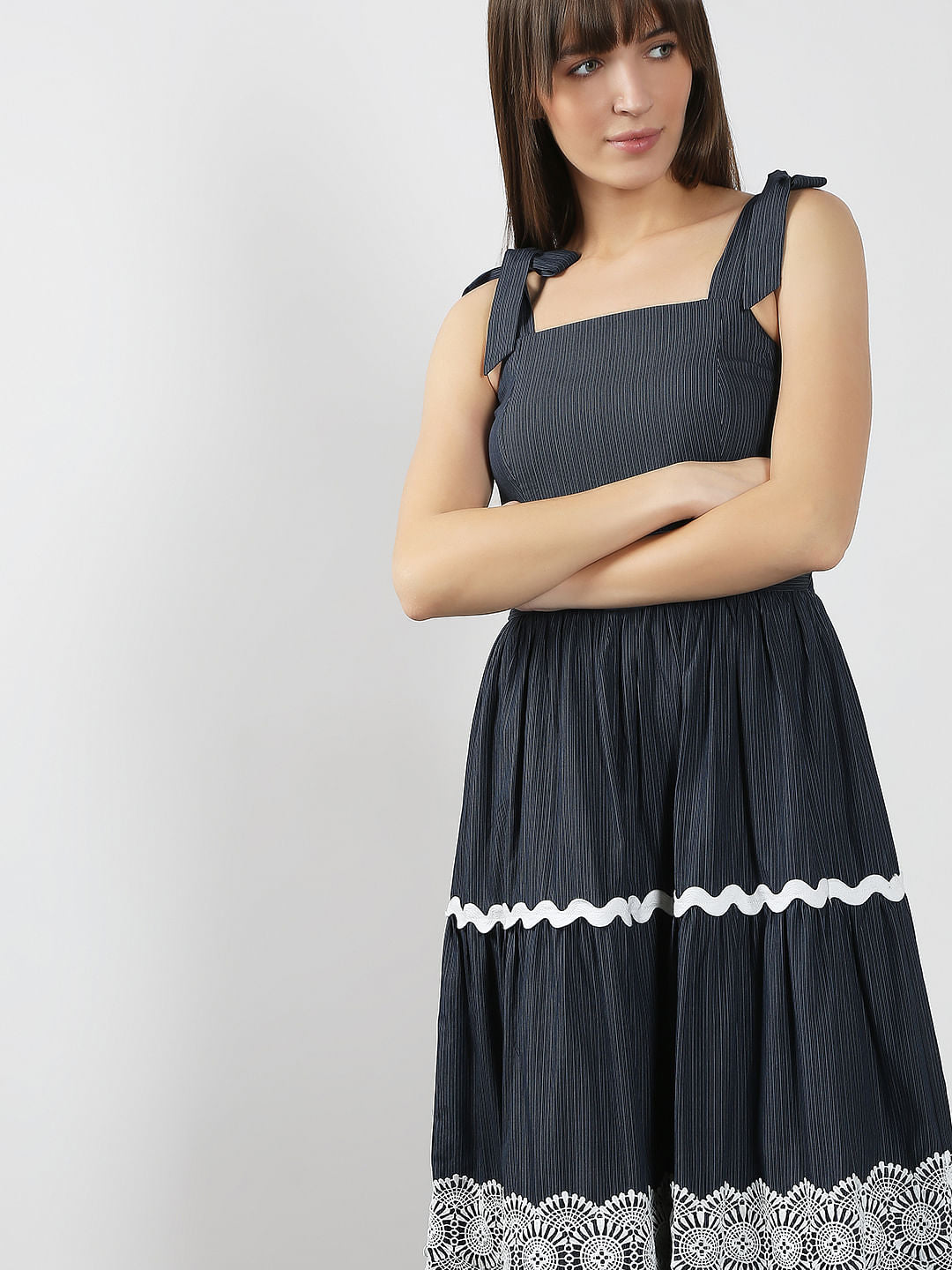 Navy Blue Striped Midaxi Dress