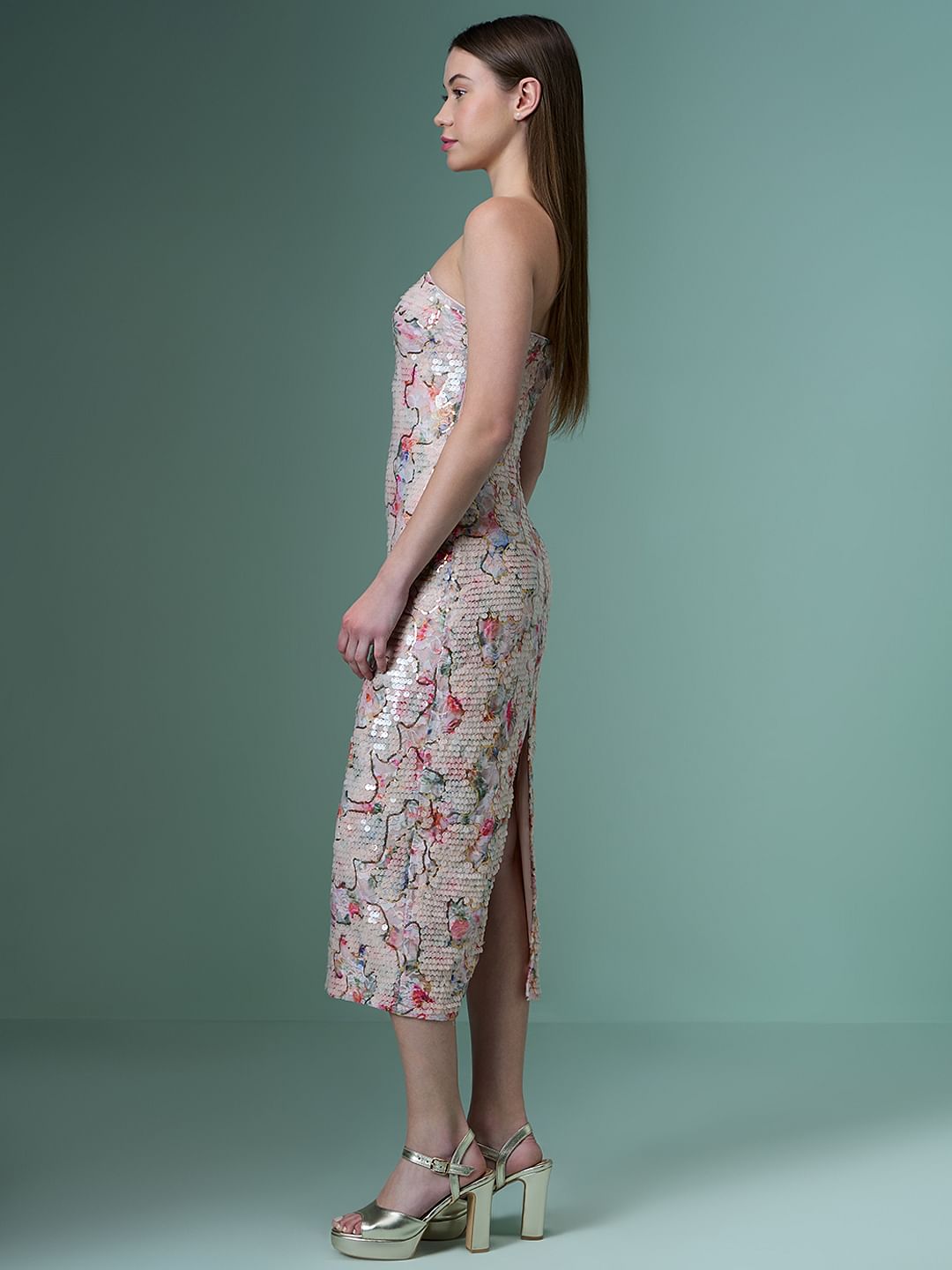 Marquee Pink Sequin Floral Detail Off-Shoulder Dress