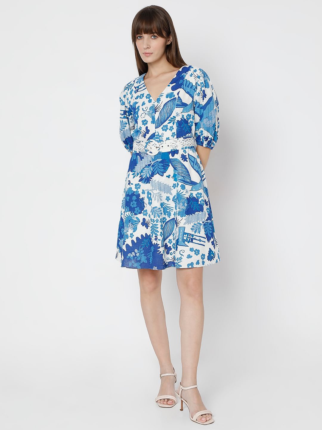 White & Blue Printed Short Dress