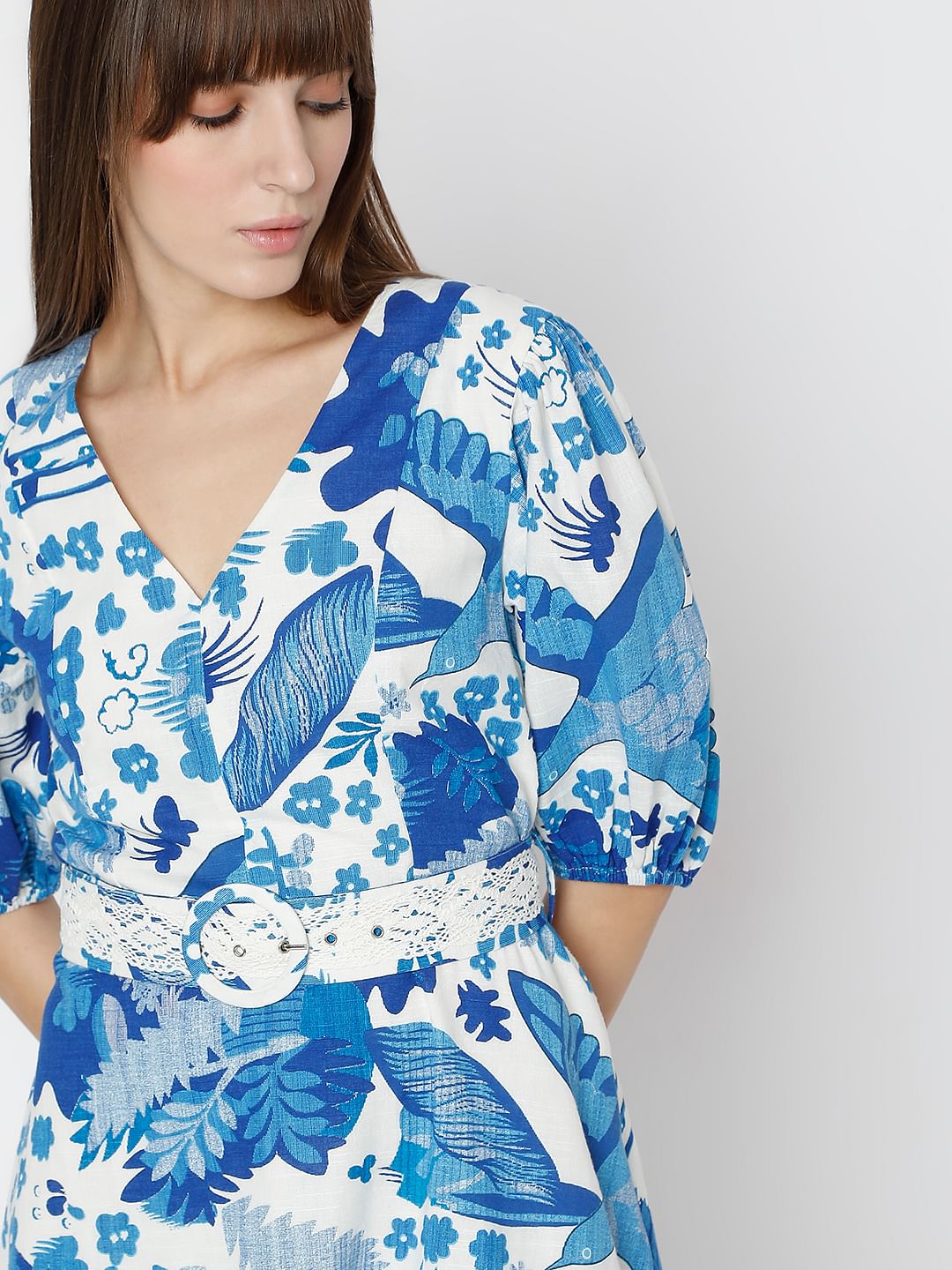 White & Blue Printed Short Dress