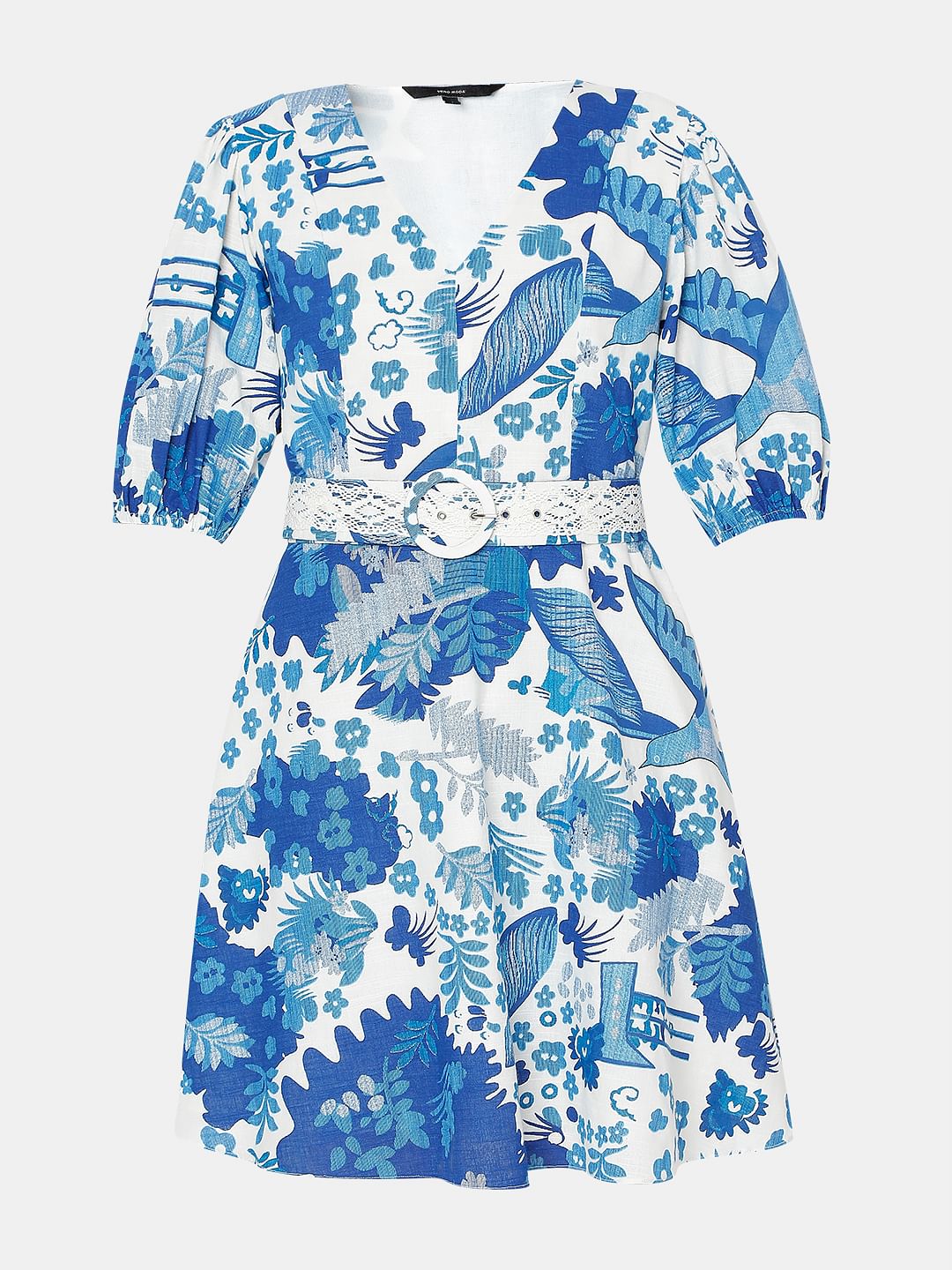 White & Blue Printed Short Dress