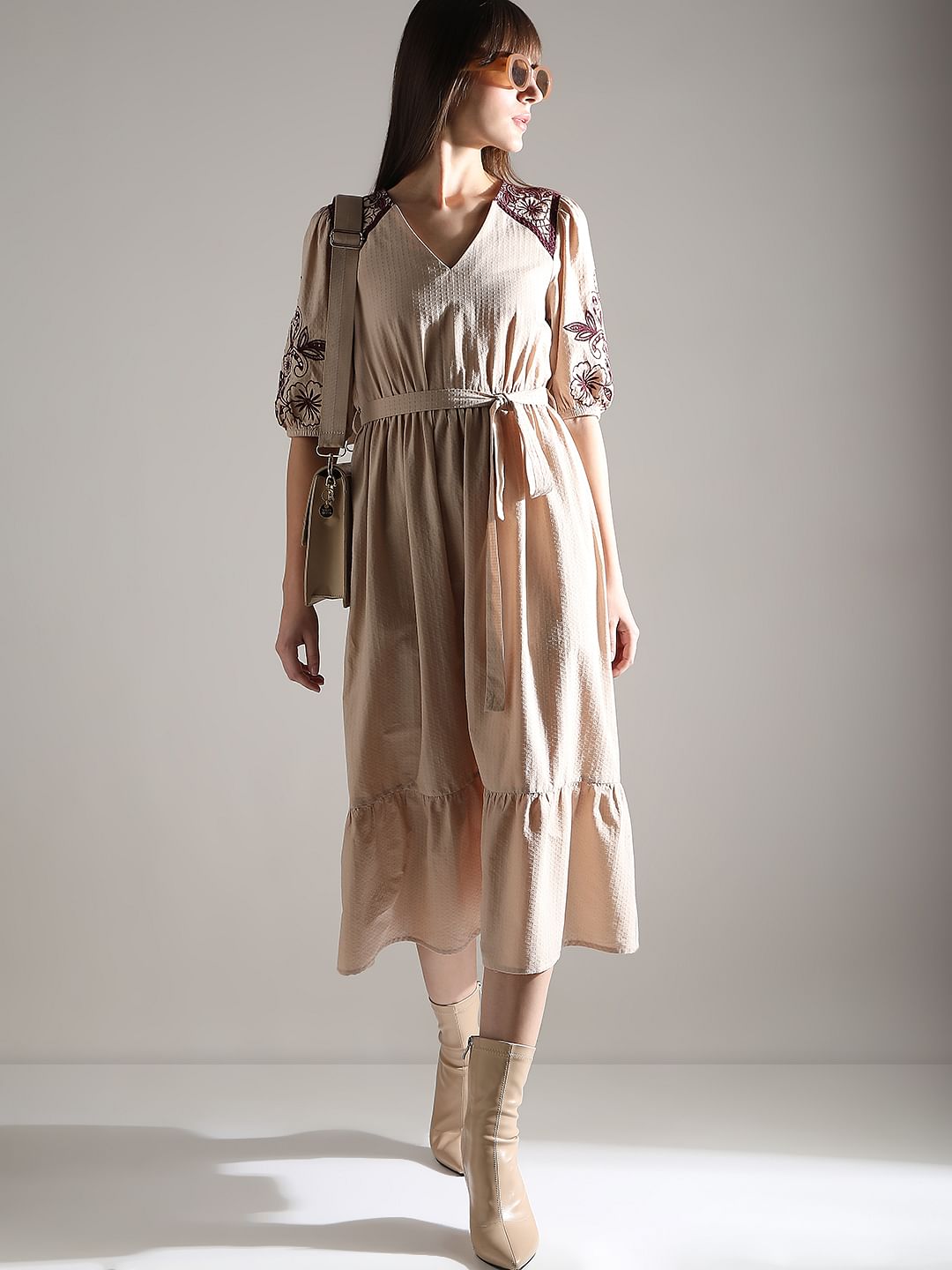 Beige Embroidered Midi Dress