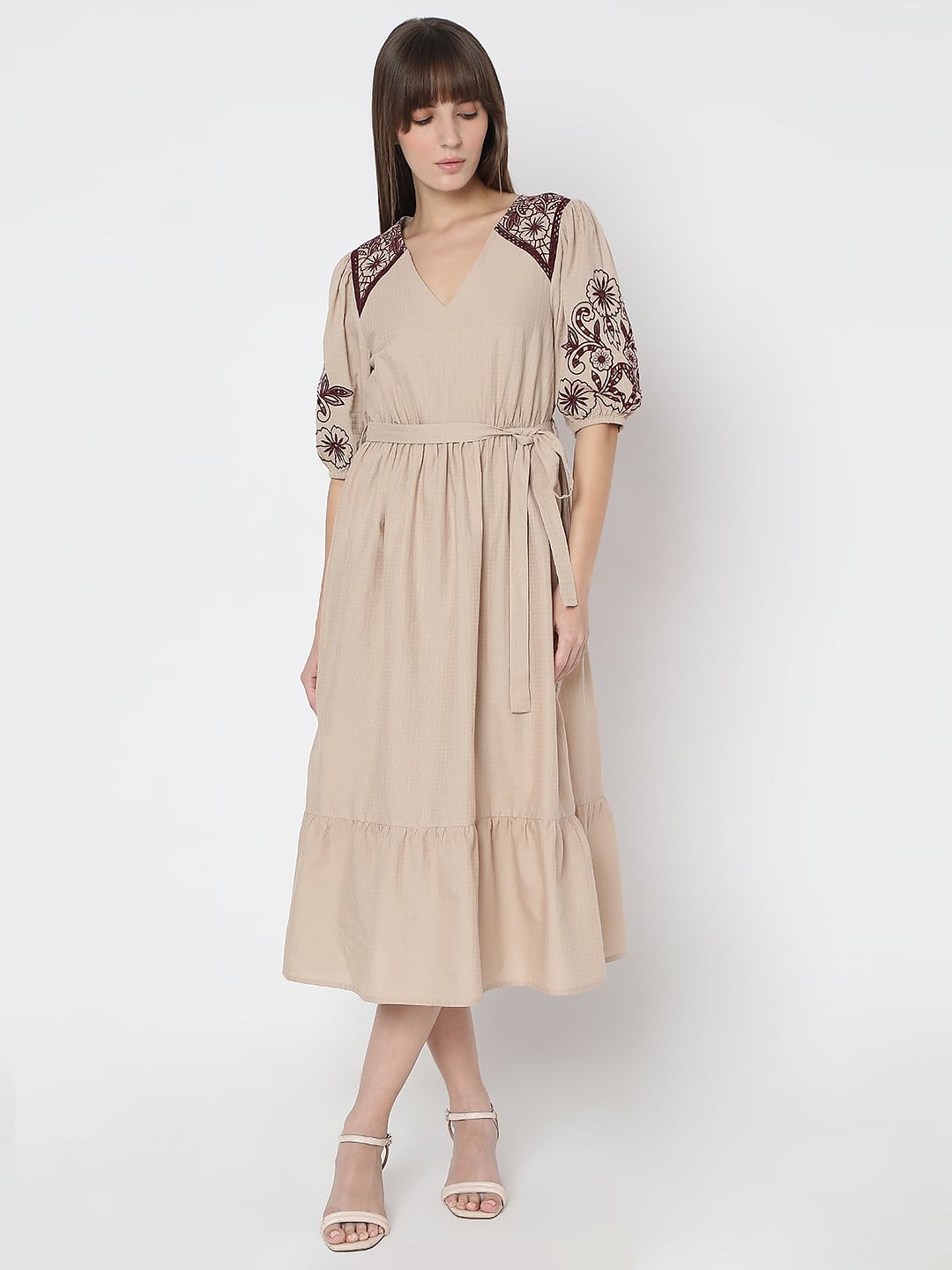 Beige Embroidered Midi Dress