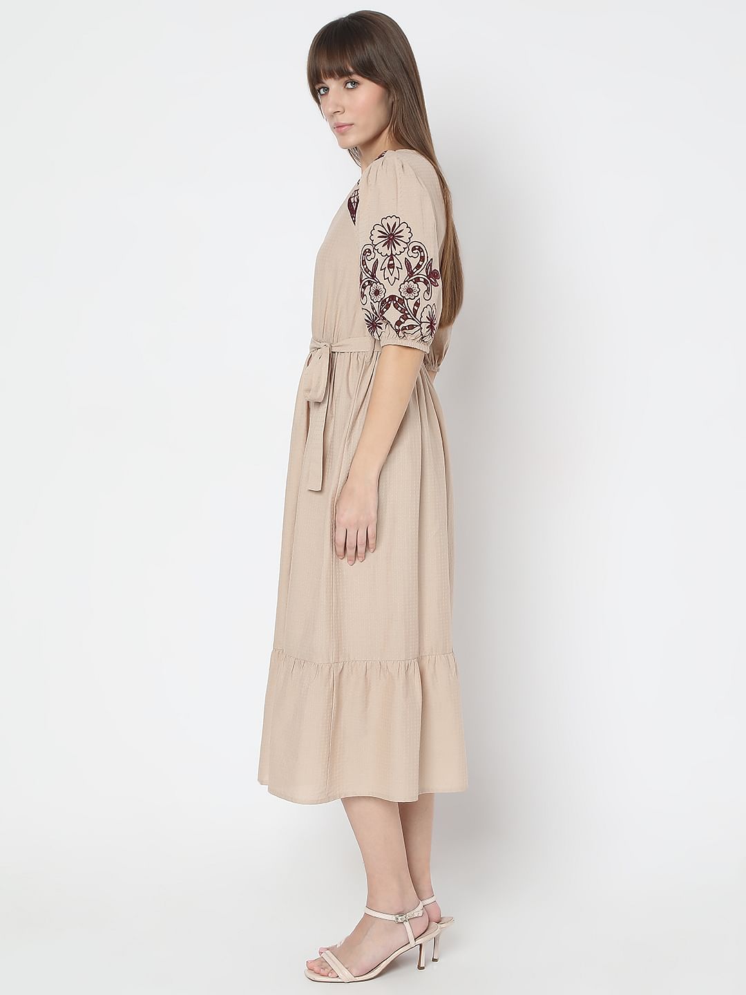 Beige Embroidered Midi Dress