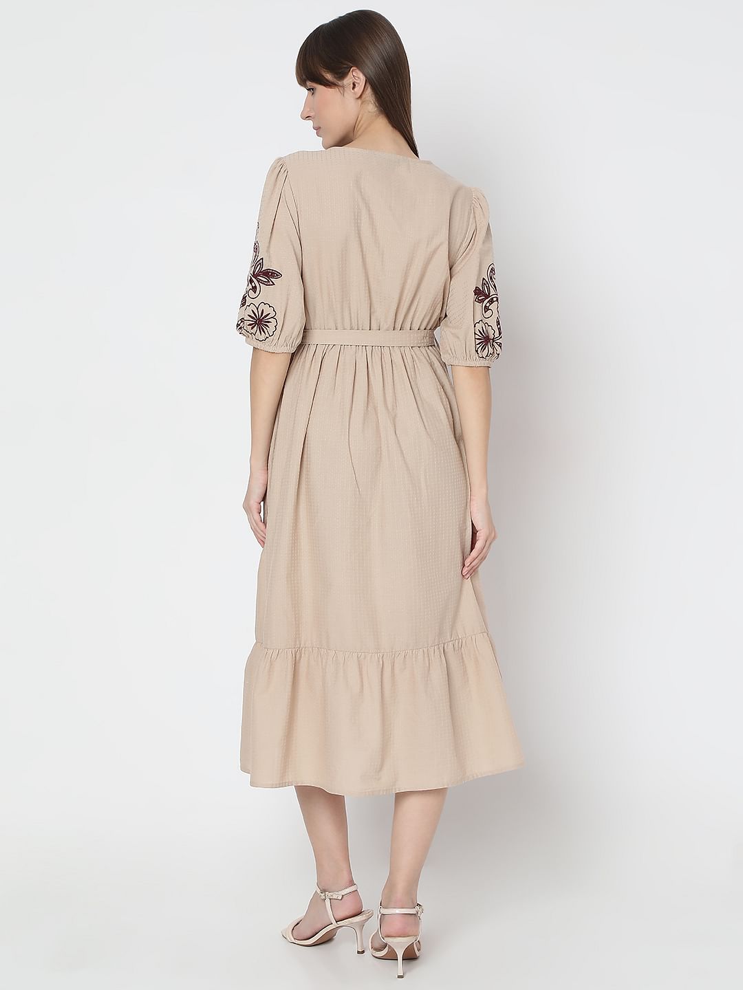 Beige Embroidered Midi Dress