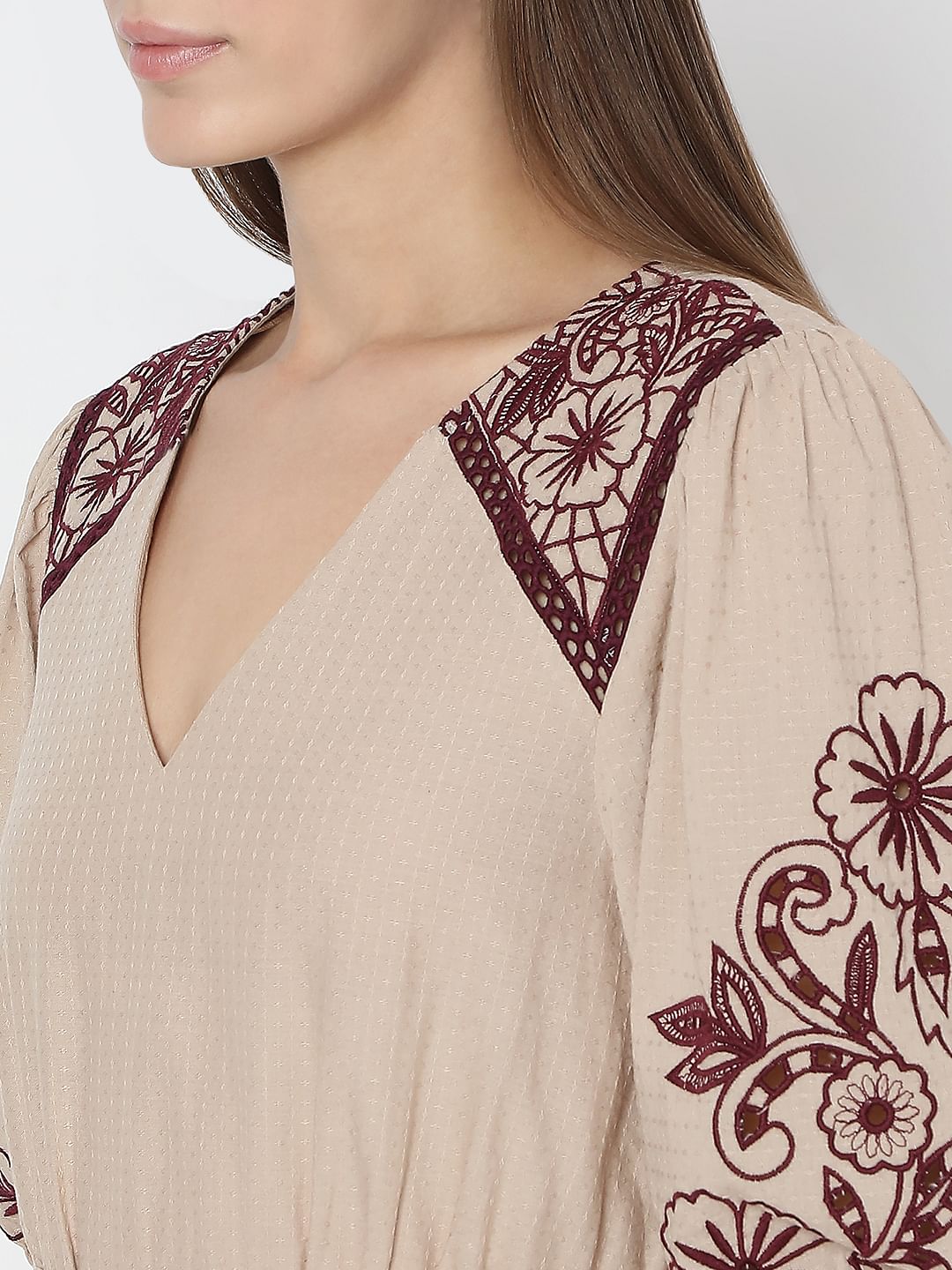 Beige Embroidered Midi Dress