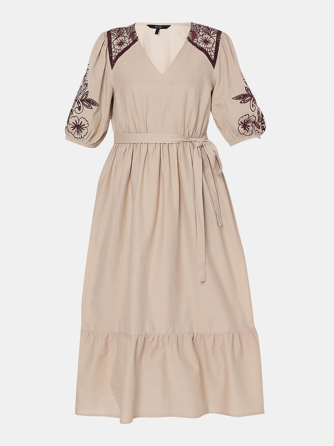 Beige Embroidered Midi Dress